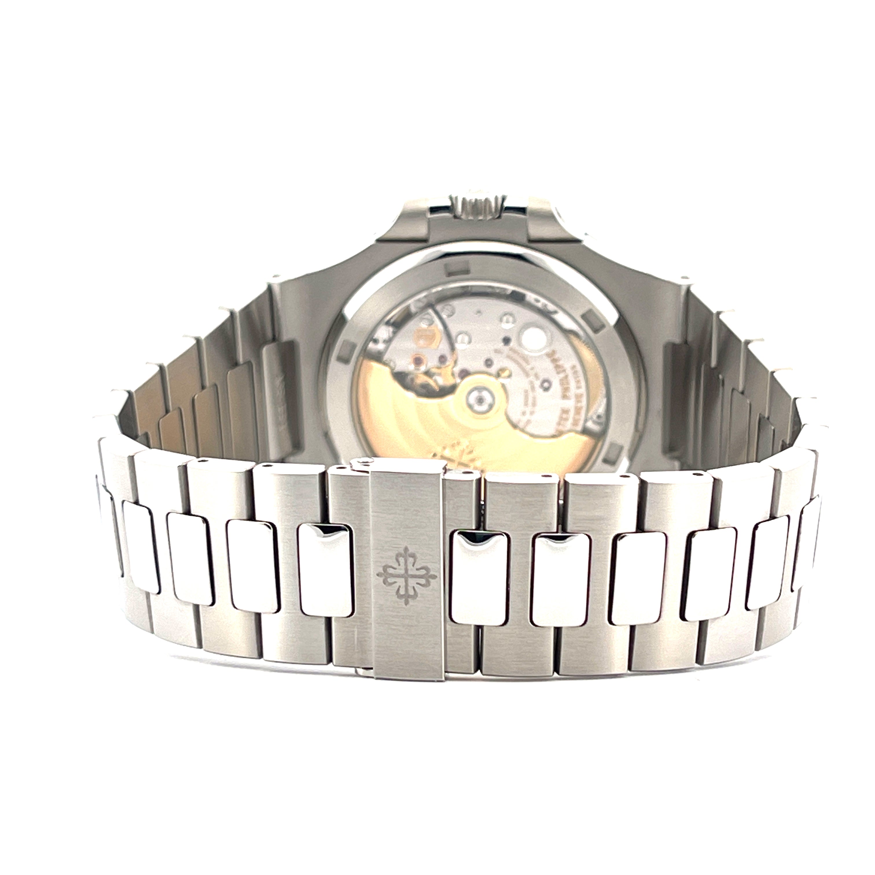 Patek Philippe Nautilus 5711/1A-014 Rückansicht mit sichtbarem Uhrwerk und poliertem Edelstahlarmband
