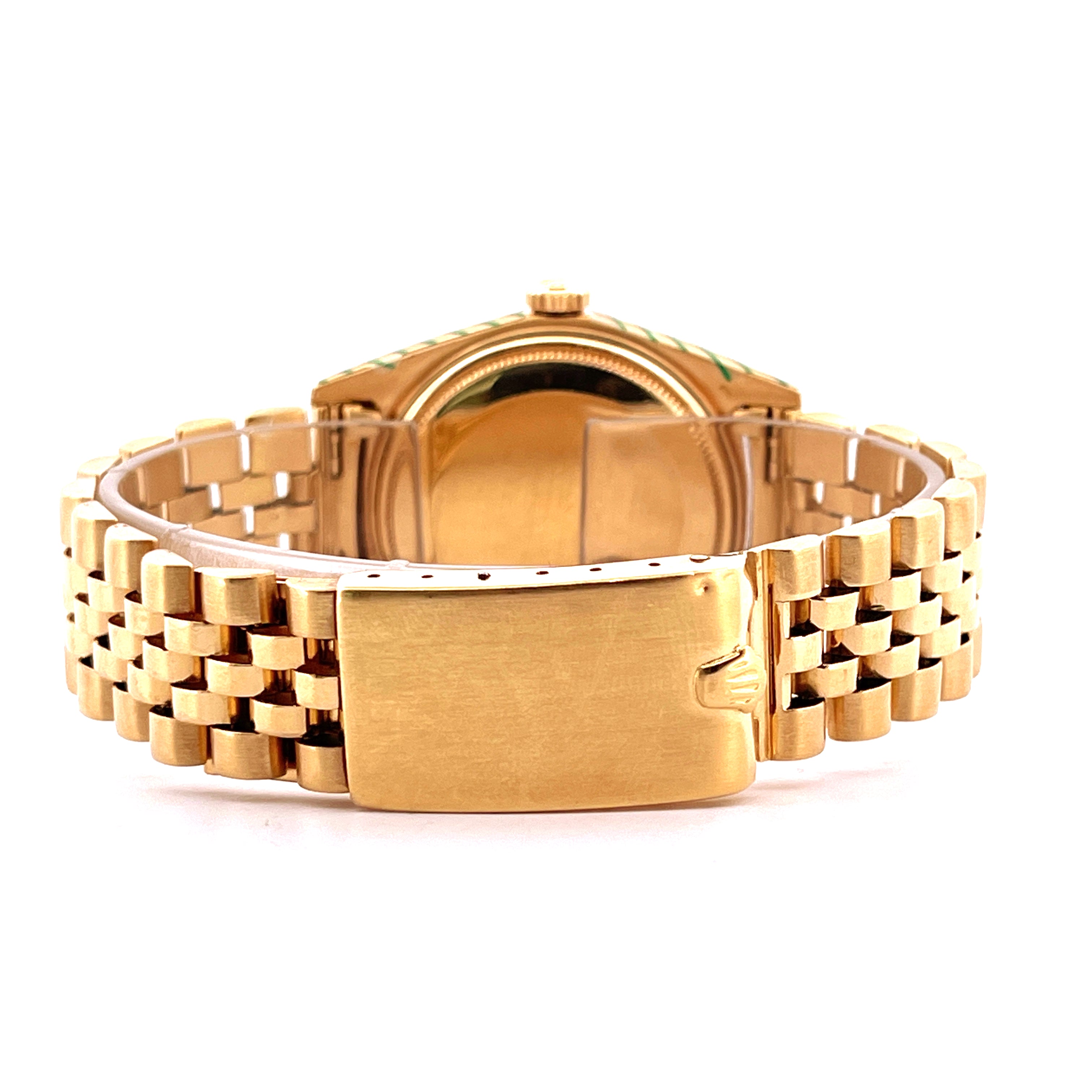 Rückansicht einer Rolex Datejust 36 Full Gold 1601 aus Gelbgold mit Jubilee-Armband und Schließe