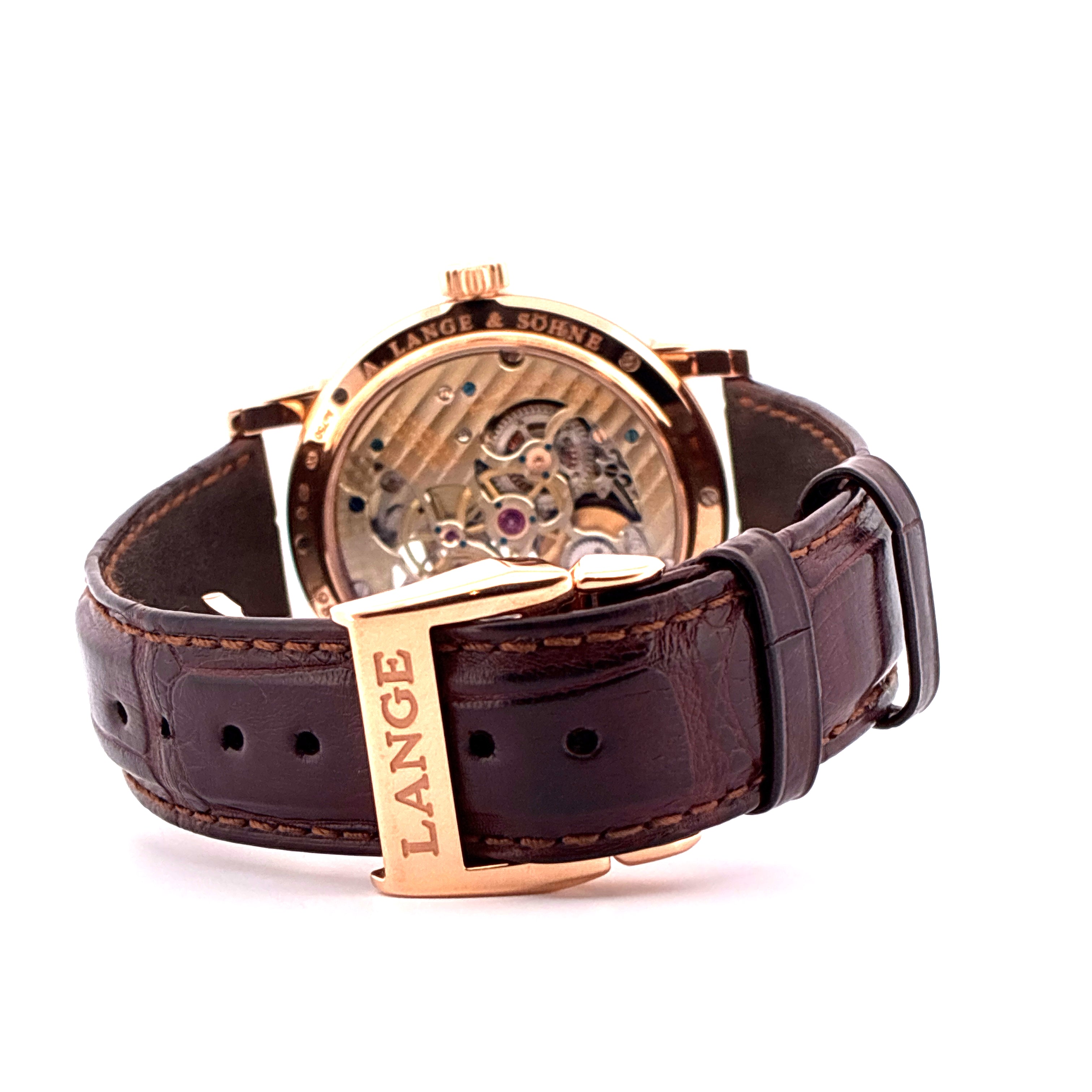 A. Lange & Söhne Tourbillon Pour Le Merite Roségold Lederarmband mit Dornschließe und Werkansicht