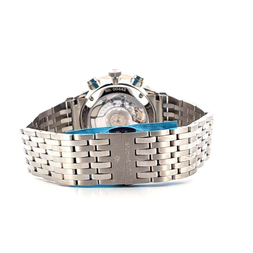 Junghans Meister Driver Chronoscope Rückseite mit Sichtboden und Edelstahlarmband