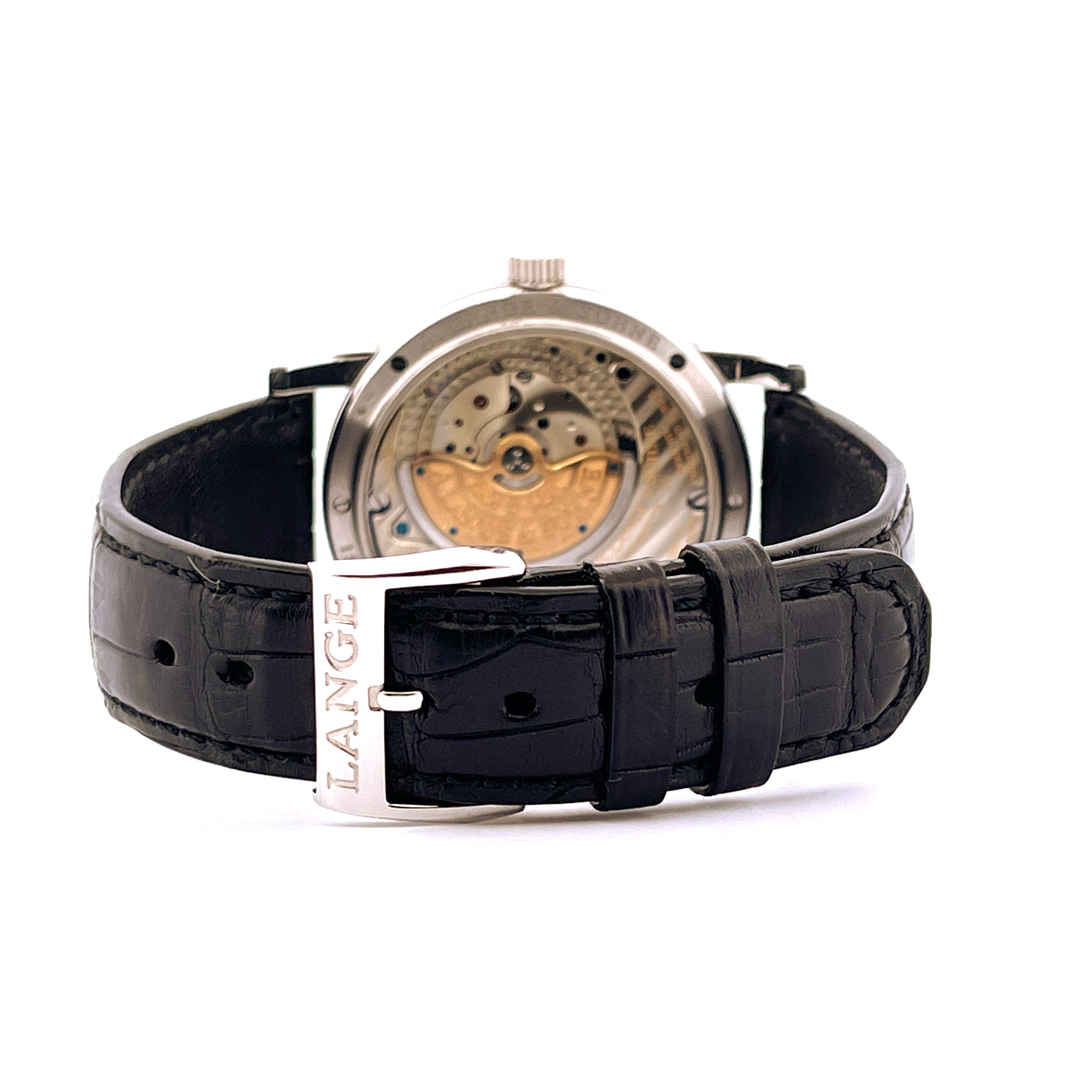 A. Lange & Söhne Langematik Perpetual Platin Rückseite mit schwarzem Krokodillederarmband und Schließe