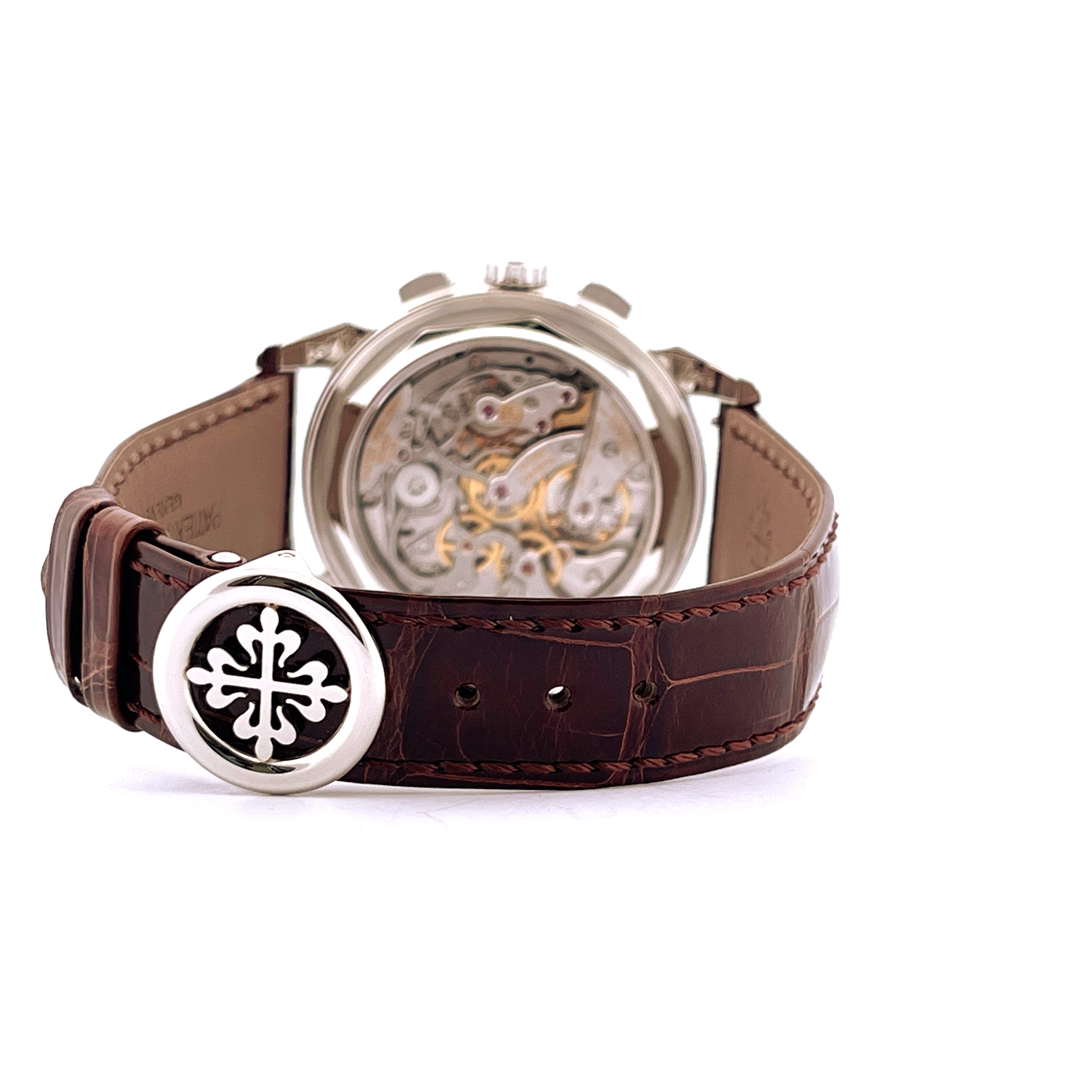 Patek Philippe Perpetual Calendar Chronograph 5270P-001 Rückseite mit Sichtboden und braunem Kroko-Lederarmband