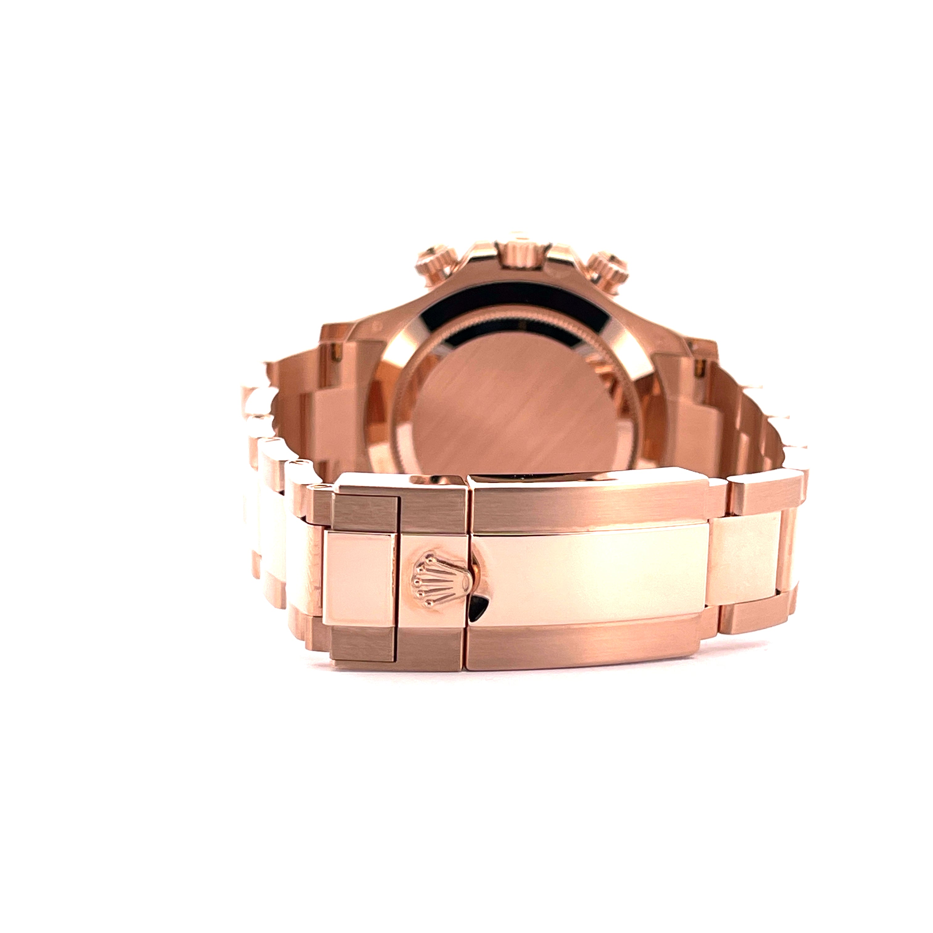 Rolex Daytona Everose 18 kt Rückansicht mit Roségold-Armband und Rolex-Schließe