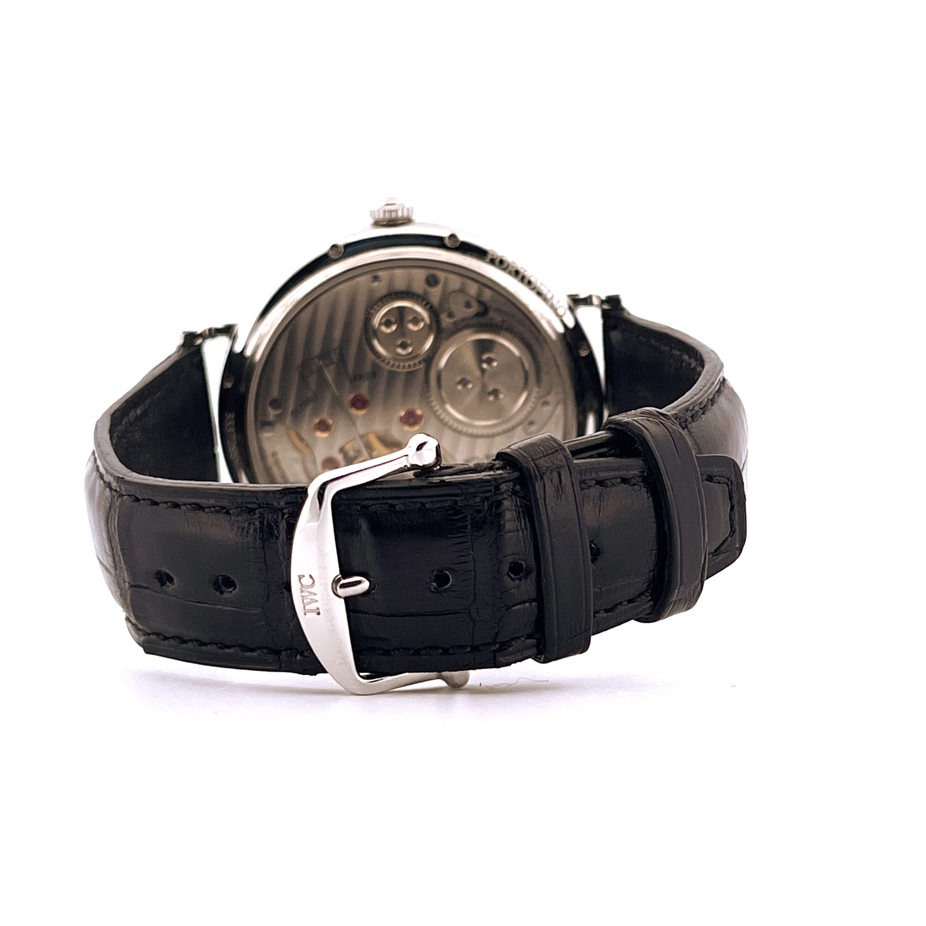 IWC Portofino Moonphase aus Edelstahl mit schwarzem Lederarmband und Schließe
