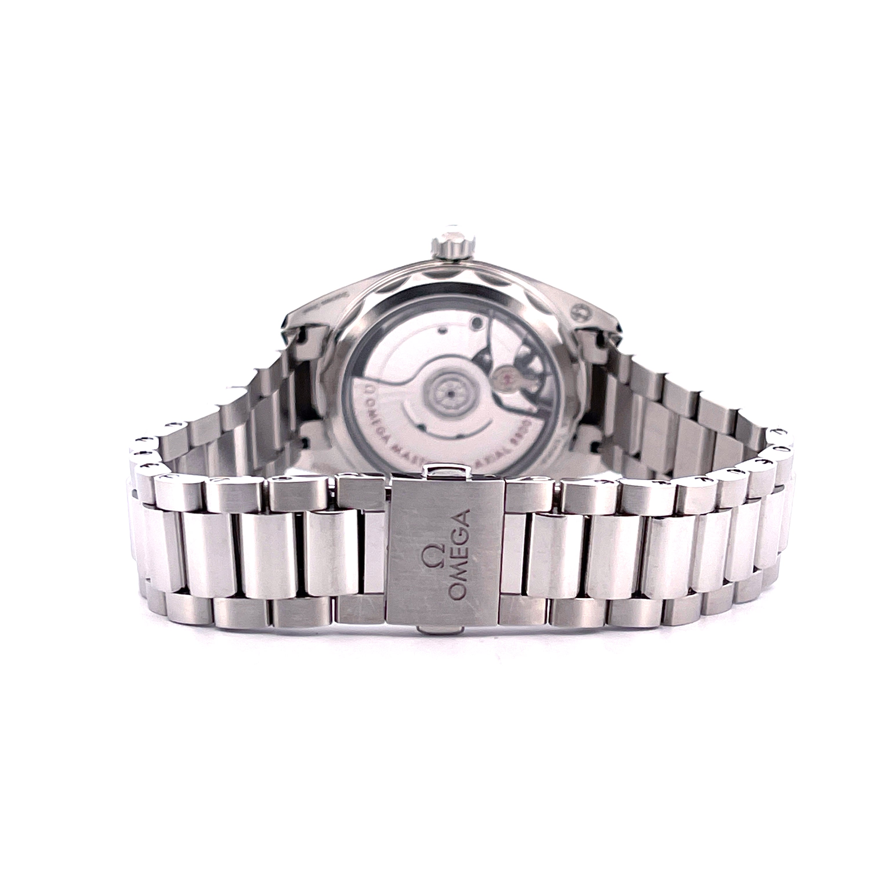 Omega Seamaster Aqua Terra 150M, Rückansicht mit Sichtboden und Stahlarmband