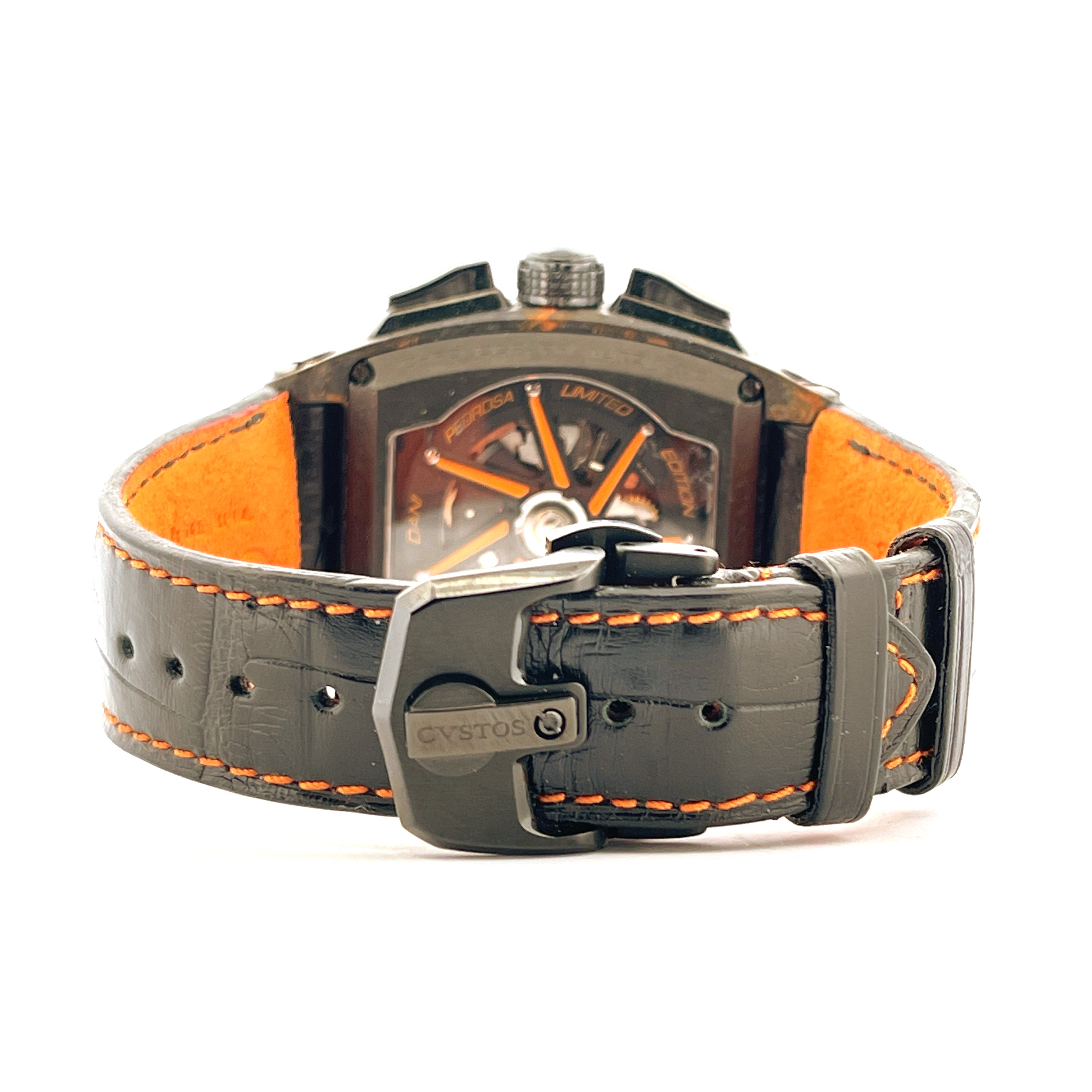 Cvstos Challenge II Chrono DANI PEDROSA Limited Edition Uhr mit schwarzem Lederarmband und orangefarbener Naht