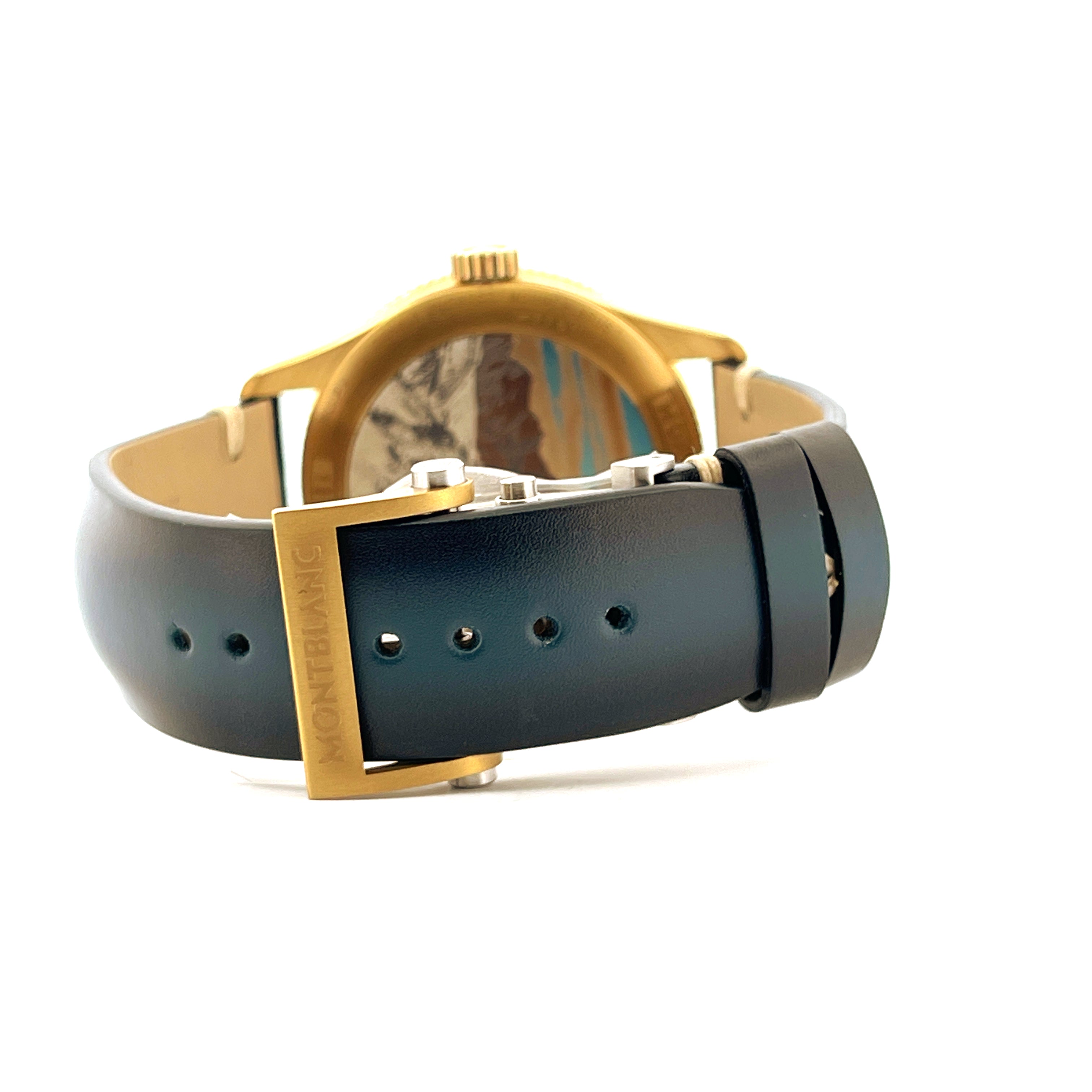 Montblanc Geosphere 0 Oxygen Limited Edition 42 mm 1858, Rückansicht mit schwarzem Lederarmband und Bronzeschließe