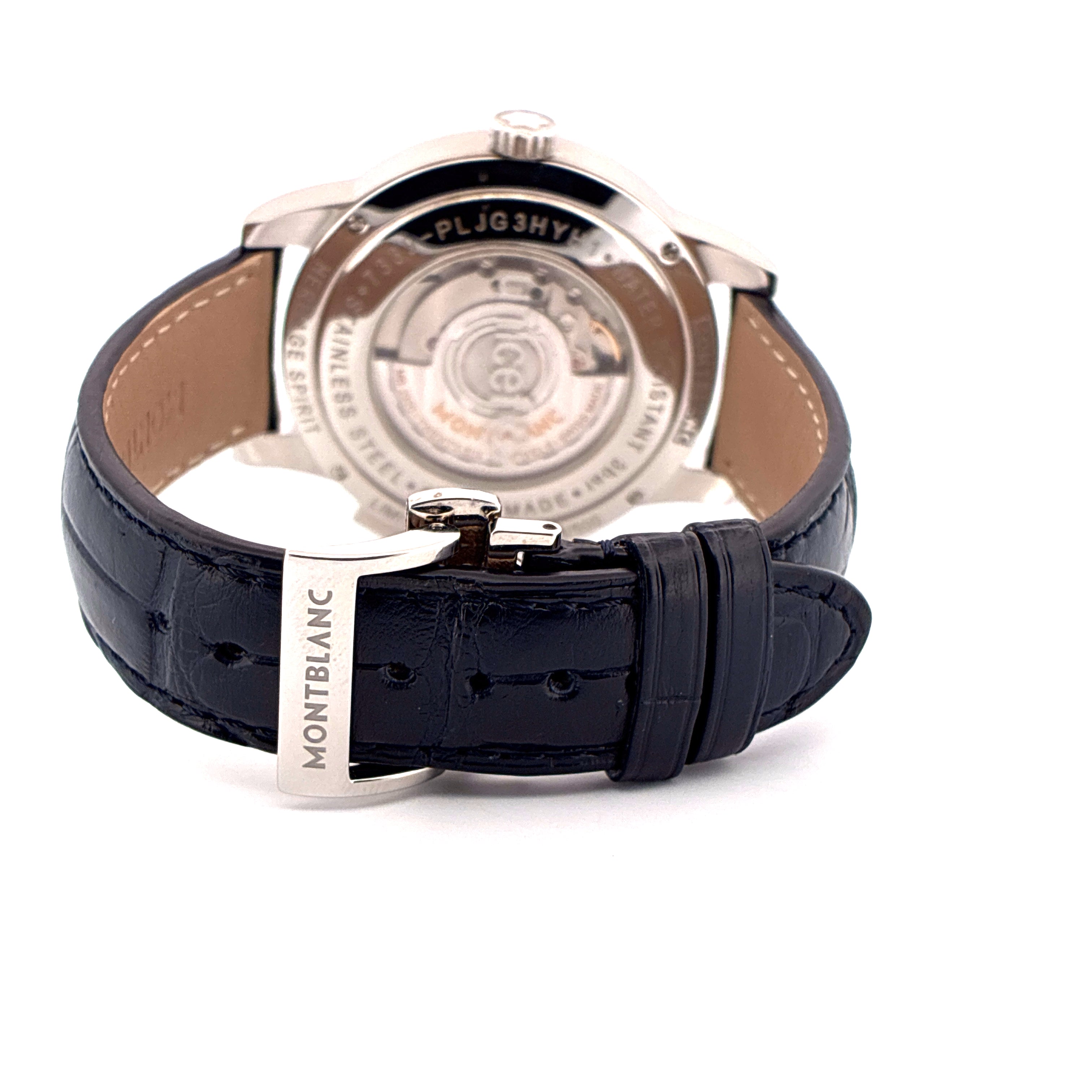 Rückansicht der Montblanc Heritage Spirit Orbis Terrarum mit schwarzem Lederarmband und Edelstahldekor