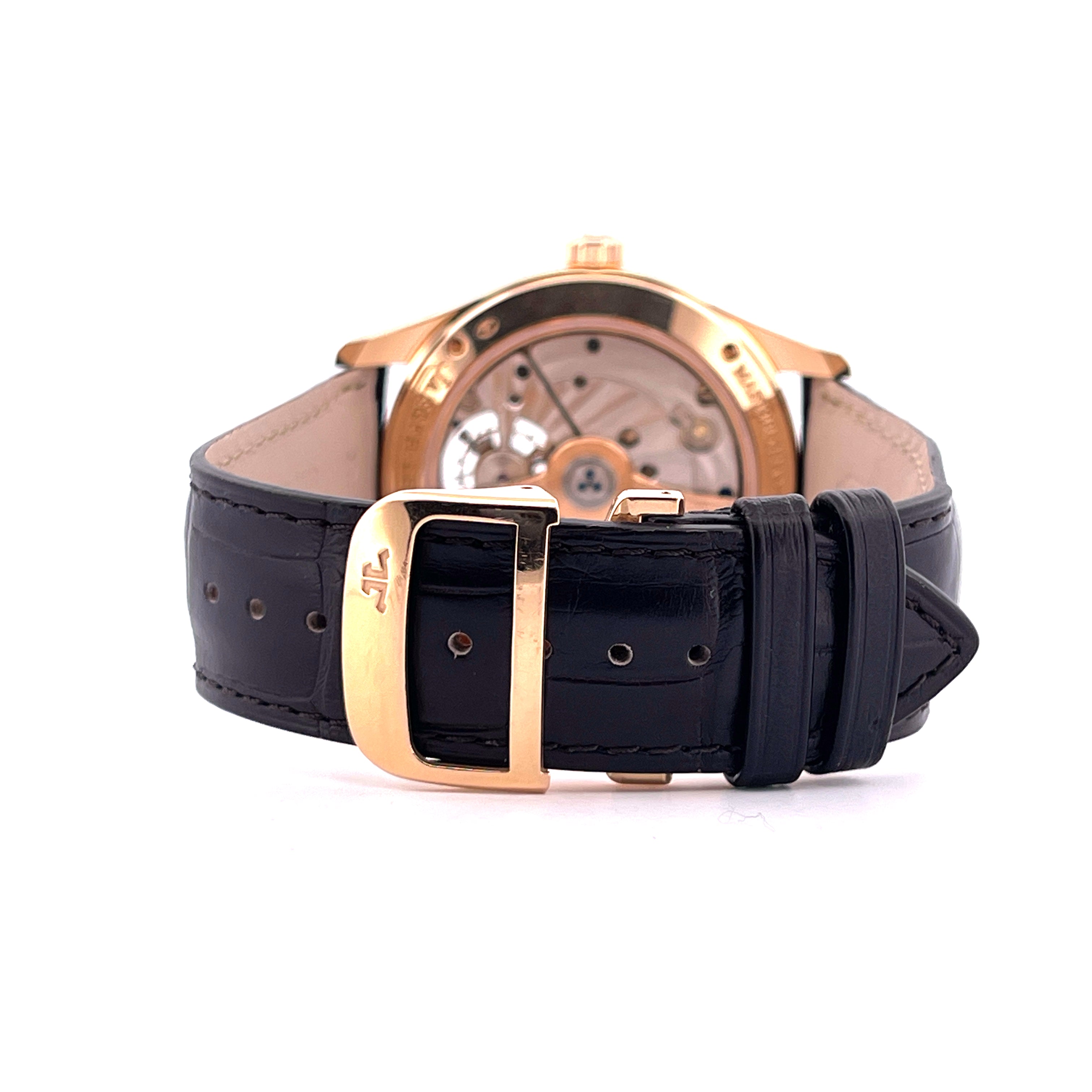 Jaeger LeCoultre Master Grande Tradition Rückansicht mit Roségold-Gehäuse und schwarzem Lederarmband