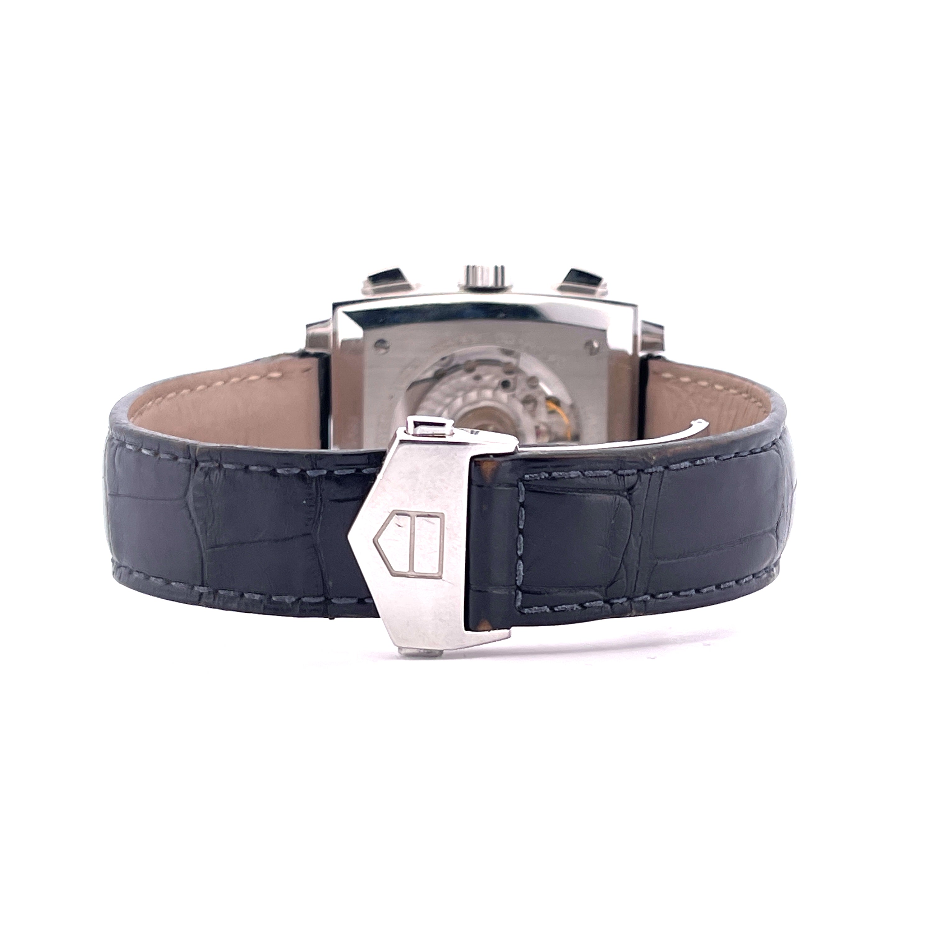 Tag Heuer Monaco CAW2111 blaues Zifferblatt Rückansicht mit Krokodillederarmband und Schließe