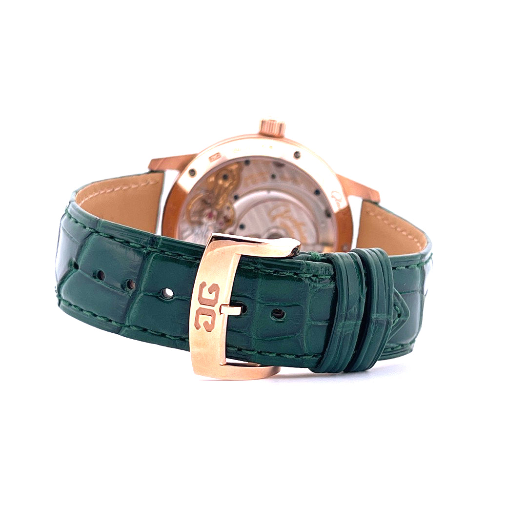 Glashütte Original PanoMaticLunar Roségold mit smaragdgrünem Krokodilarmband und Schließe
