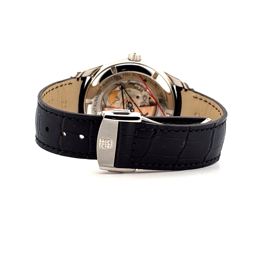 Frederique Constant Runabout Moonphase Limited Edition, schwarzes Lederarmband mit silberner Schließe, Rückansicht des Uhr…