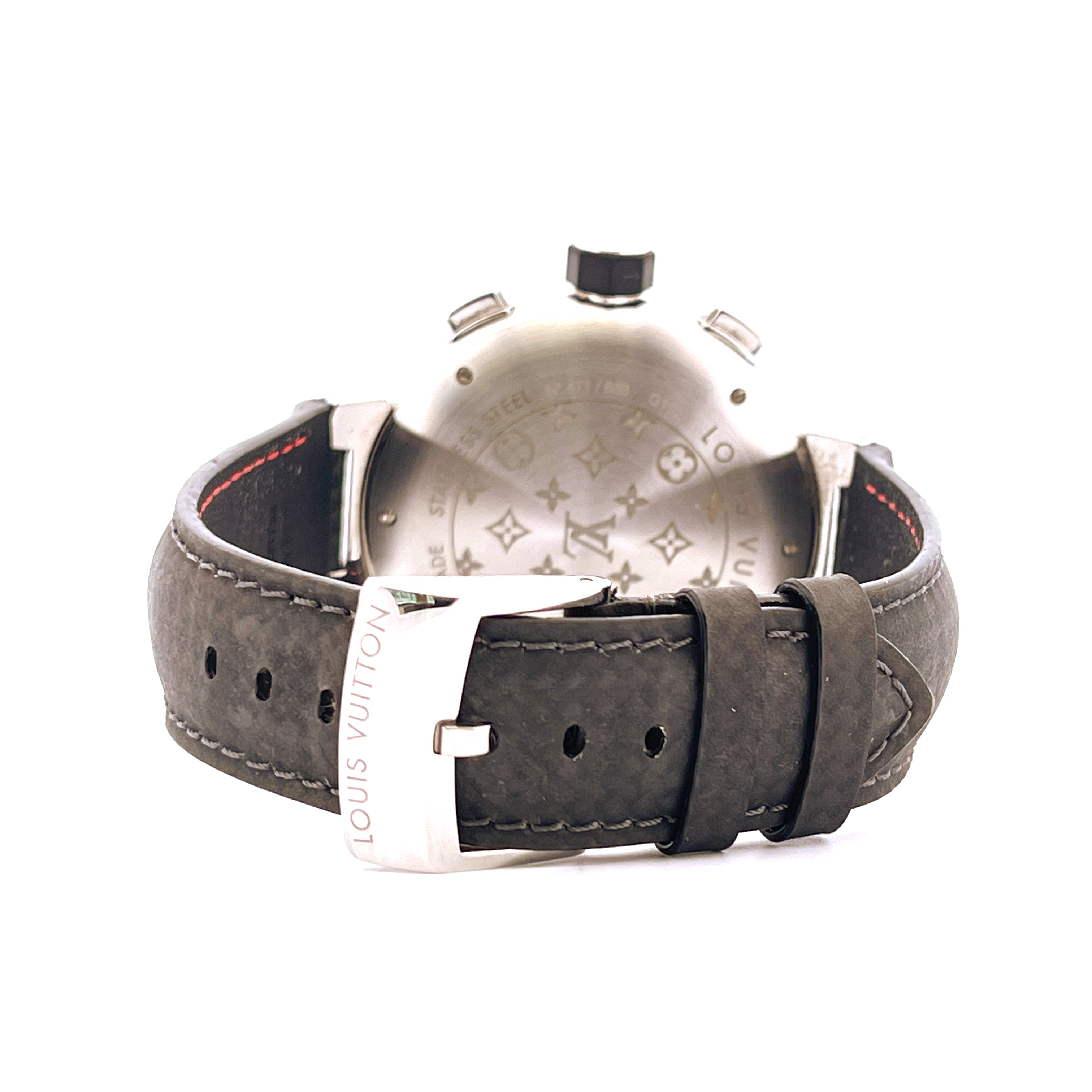 Louis Vuitton Tambour Chronograph Rueckseite mit Monogramm und Dornschliesse aus gebuerstetem Stahl