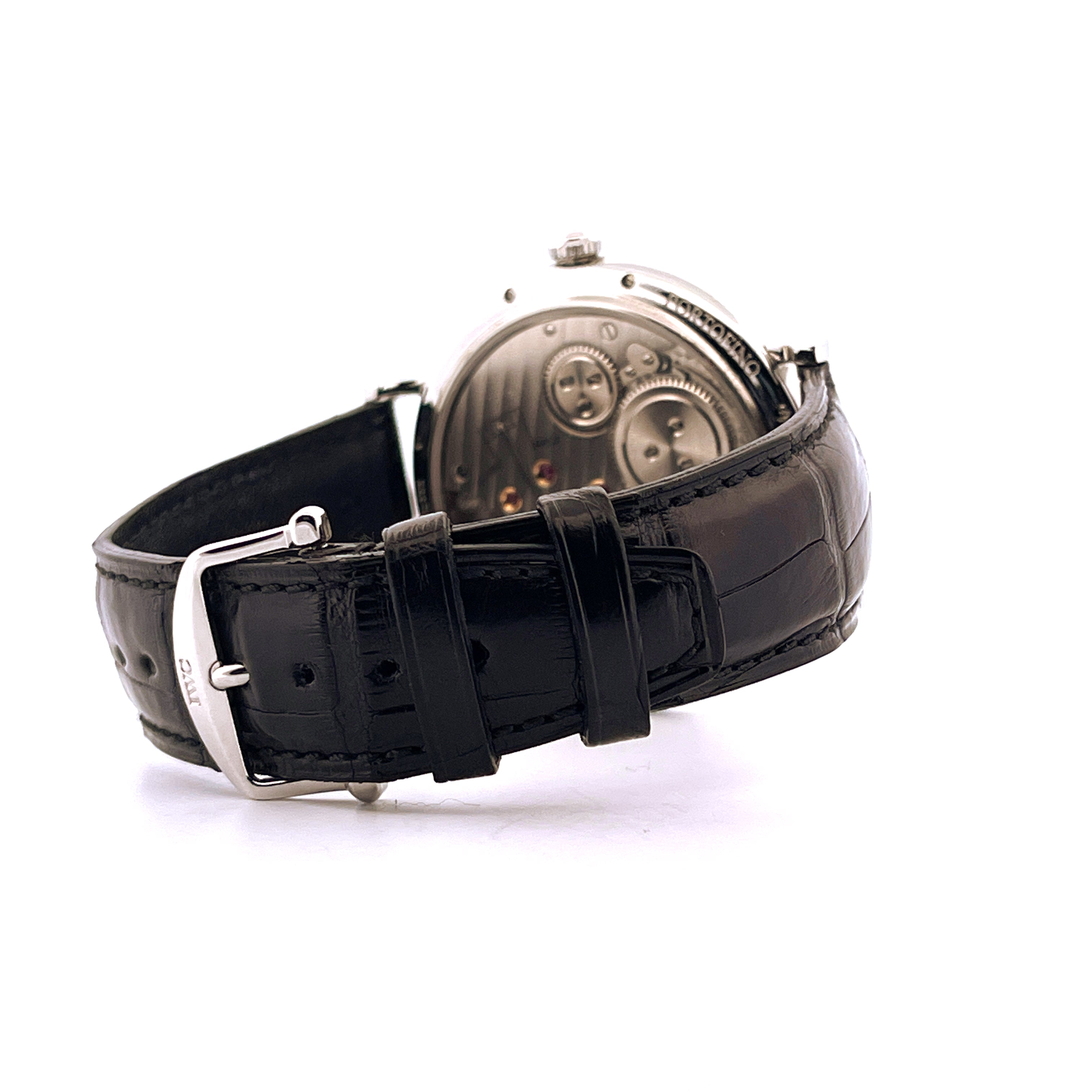 IWC Portofino Moonphase Rückseite mit Uhrwerk und schwarzem Lederarmband mit Schließe