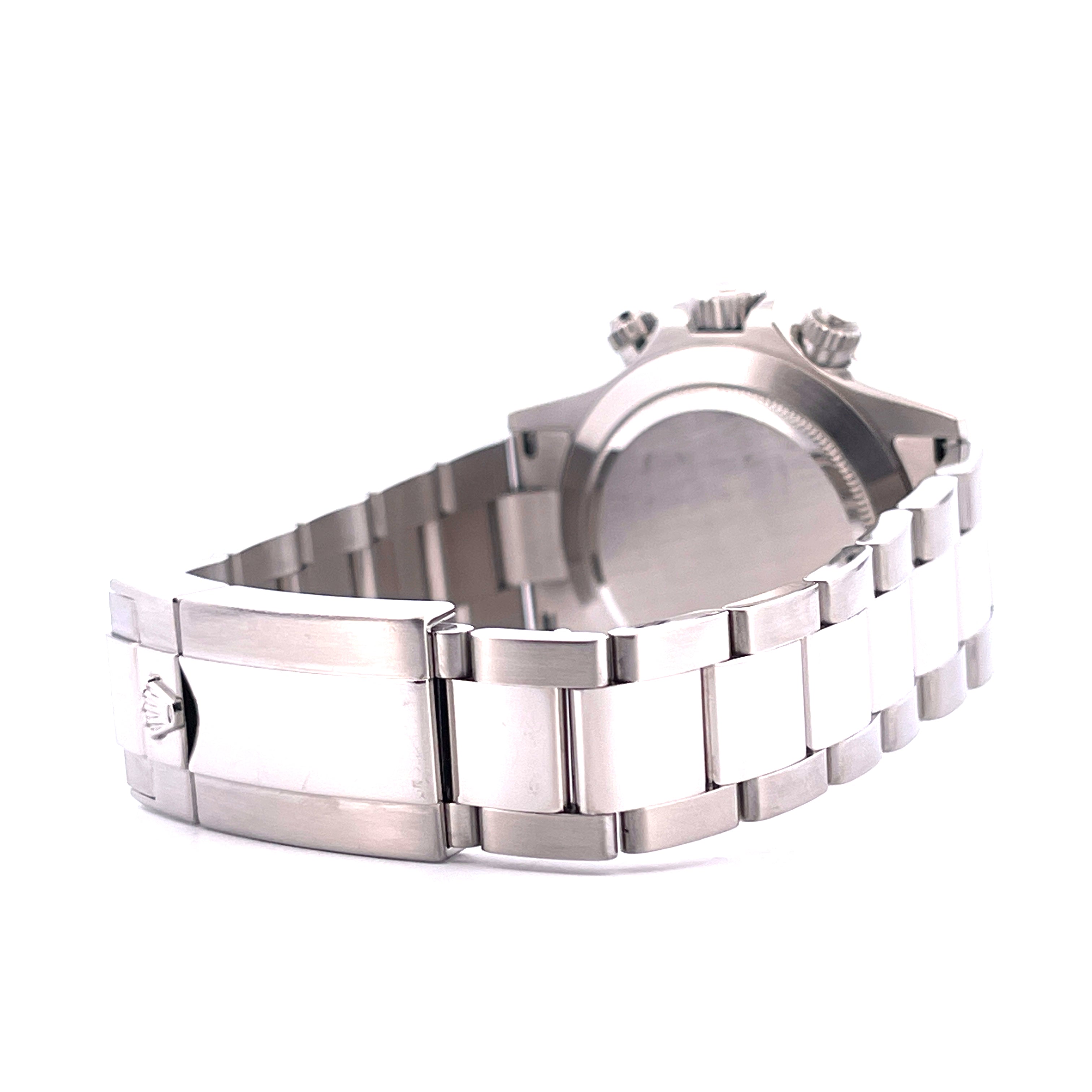 Rolex Daytona 116520 Edelstahl Armband und Gehaeuse von der Seite auf weissem Hintergrund