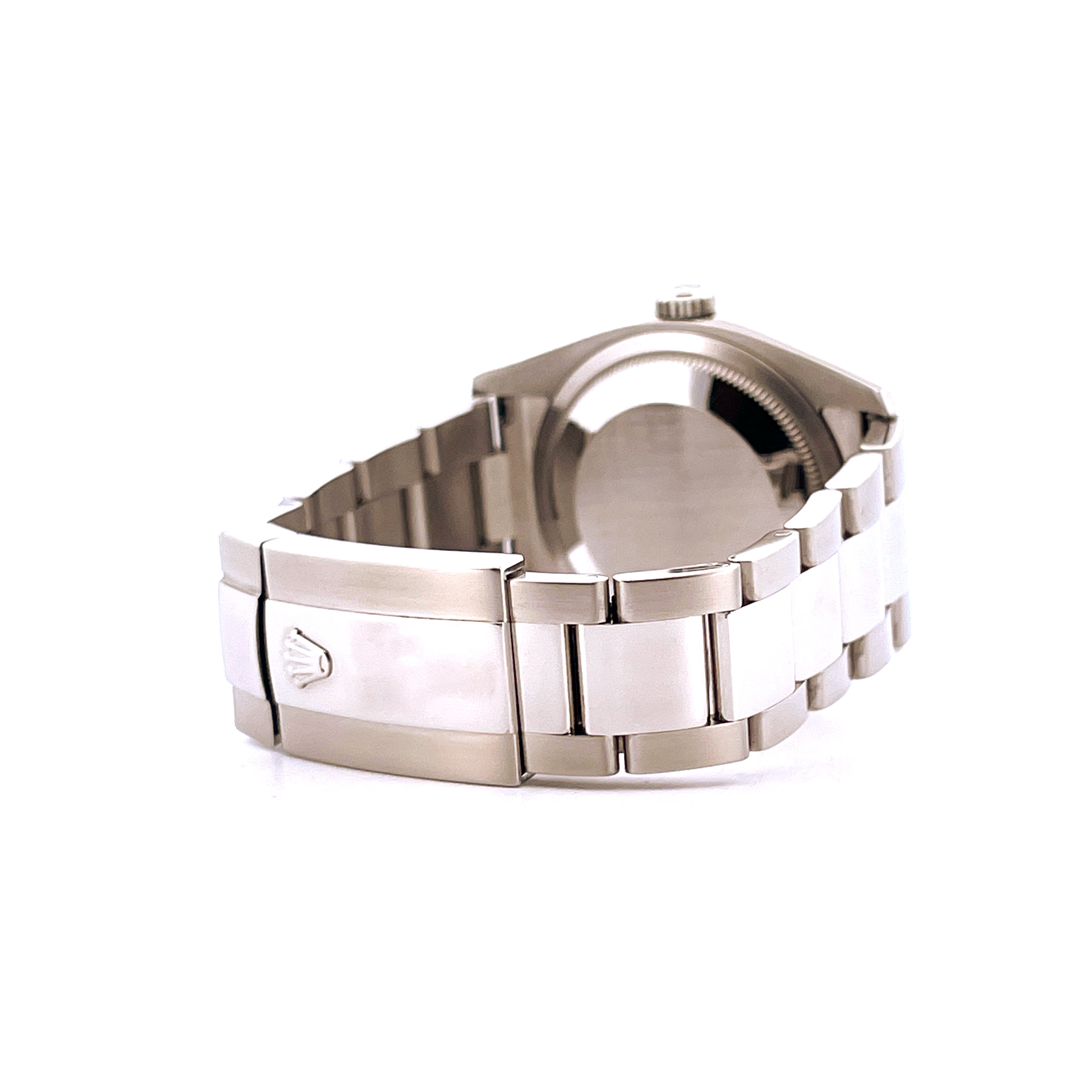 Rolex Datejust 36 Pink Gehäuse Stahl Armband aus Stahl im Seitenprofil auf weißem Hintergrund