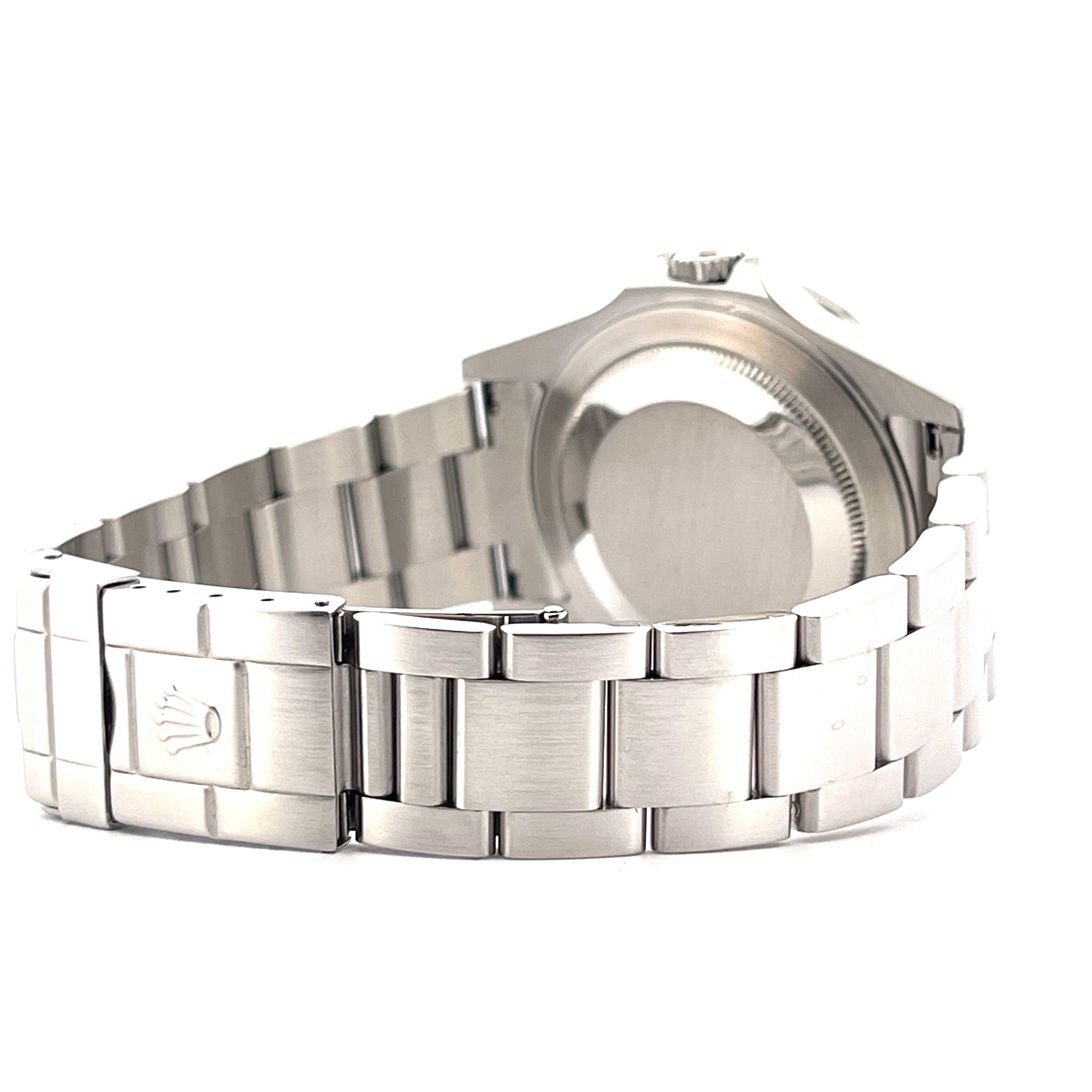 Rolex 16570T Stahlgehäuse mit gebürstetem Armband und Schließe mit Rolex-Krone im Profil auf weißem Hintergrund