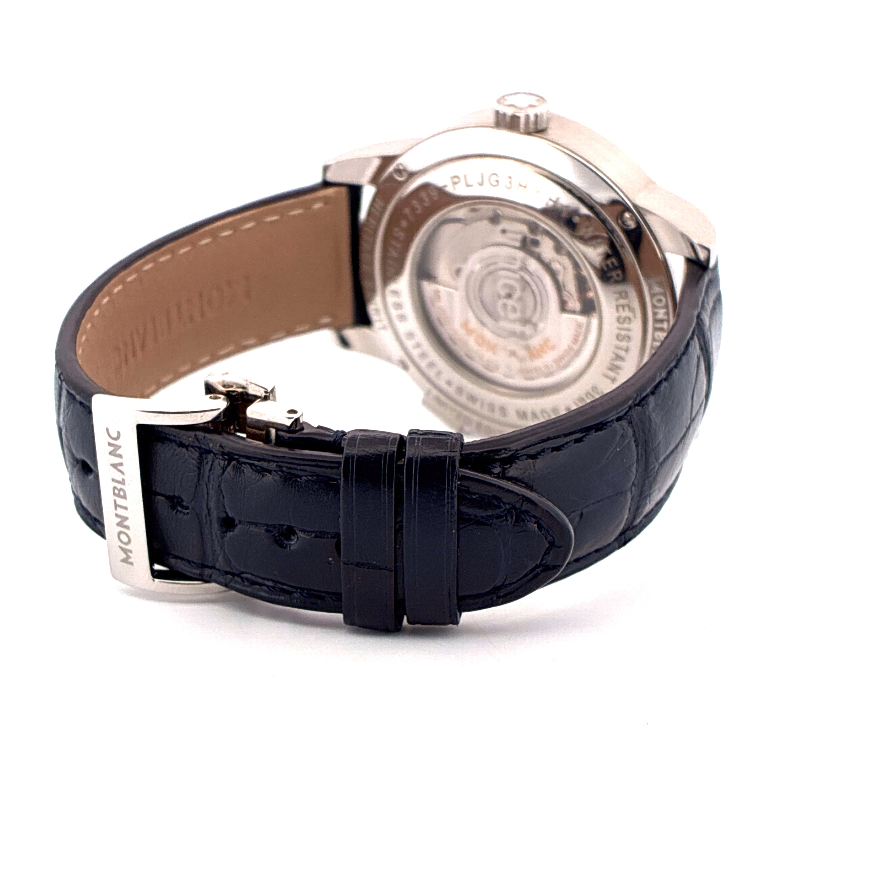 Montblanc Heritage Spirit Orbis Terrarum Unicef, Rückseite mit Stahlgehäuse und schwarzem Lederarmband