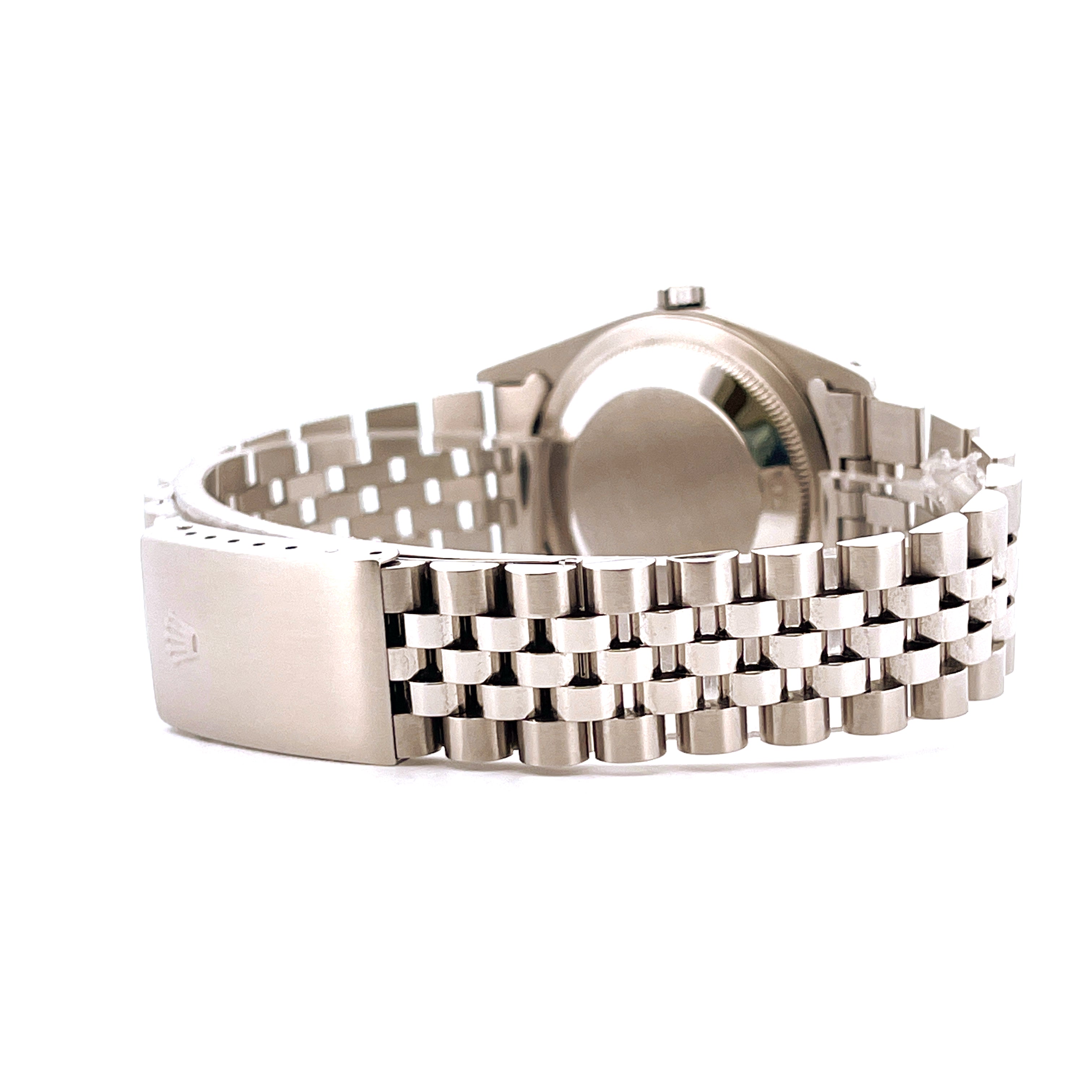 Seitenansicht einer gebrauchten Rolex Datejust 36 aus Stahl mit Jubilée-Armband