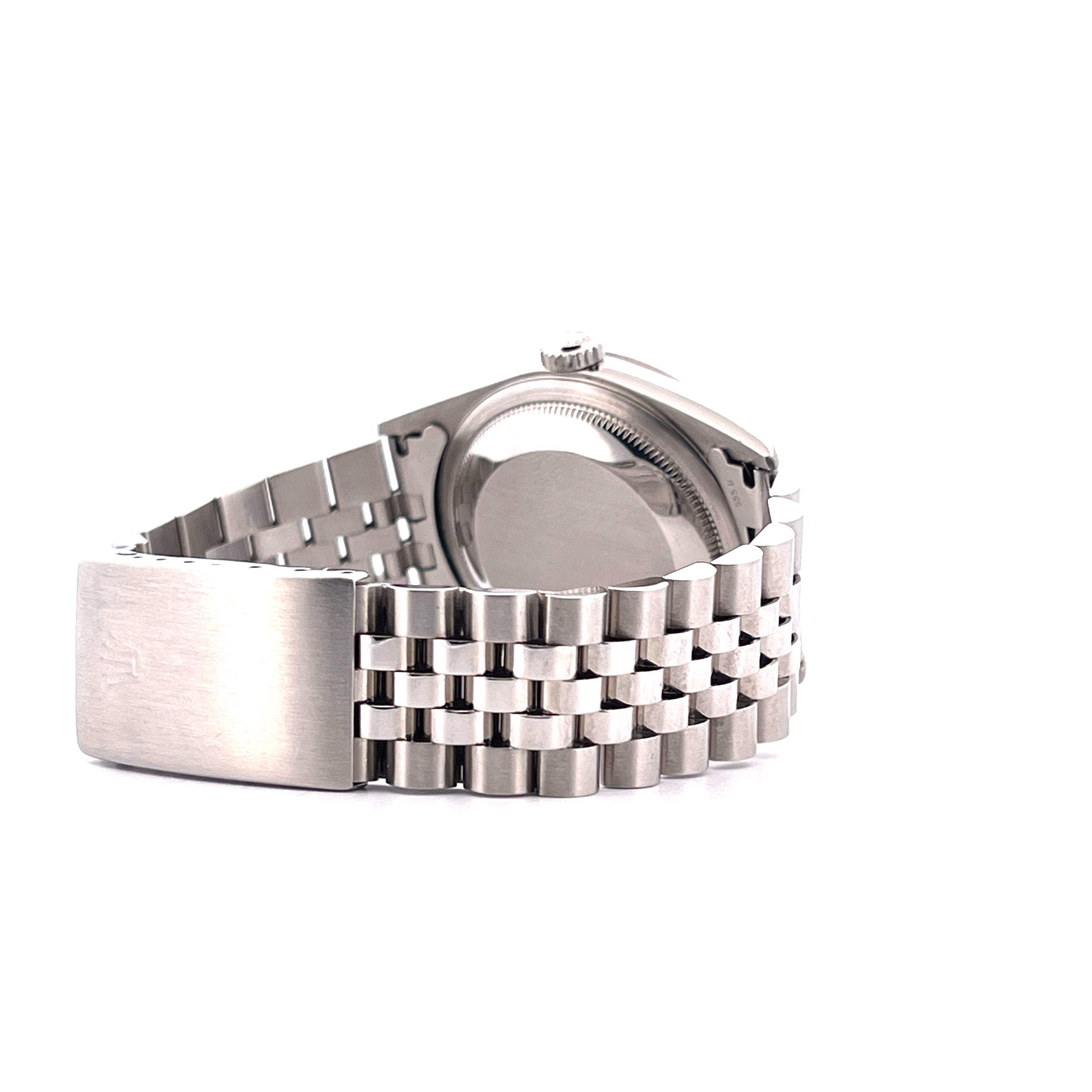 Rolex Datejust 36 Silver Linen von 1999 im Profil, mit Edelstahlarmband und Gehäuse