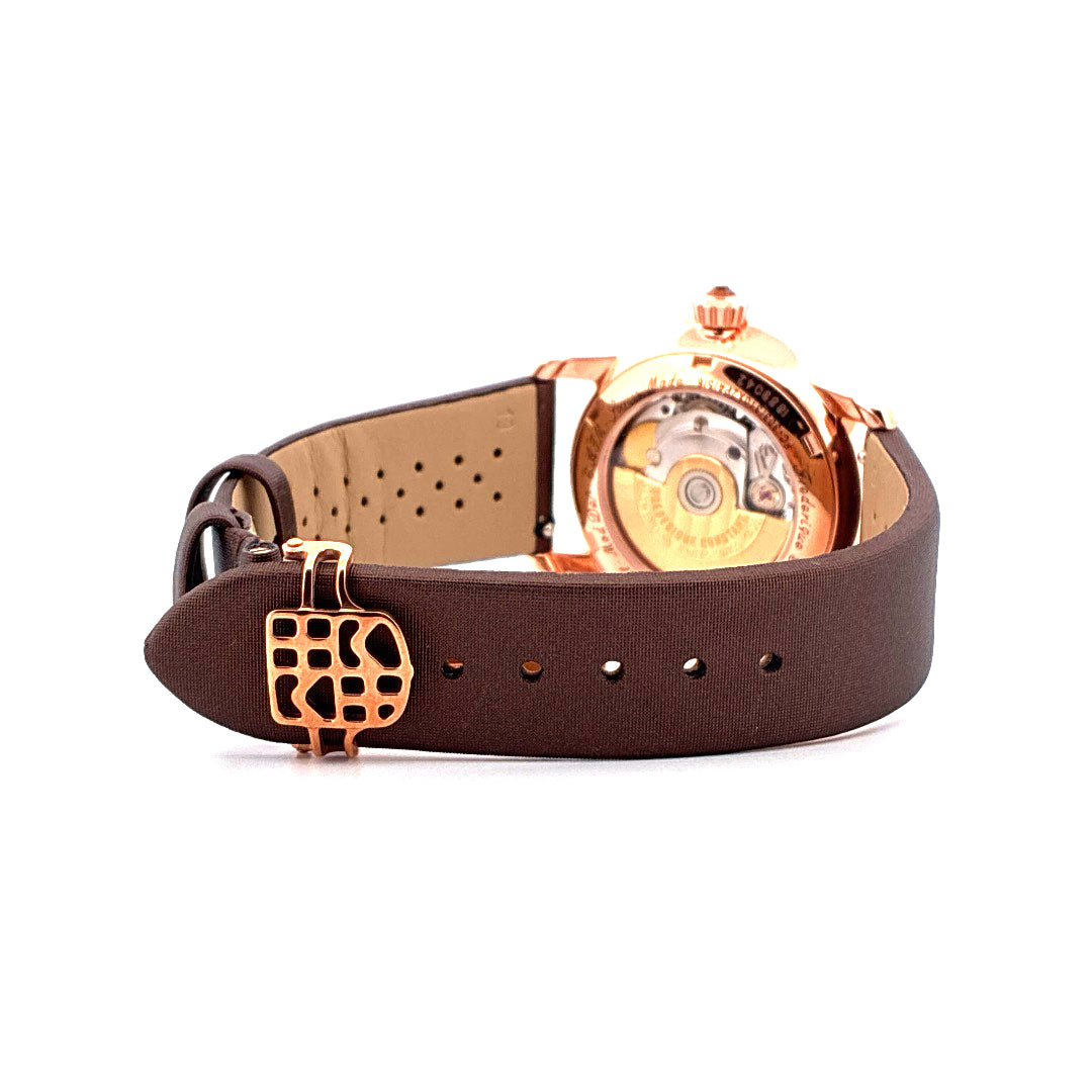 Frederique Constant Heart Beat Roségold-plattiertes Edelstahlgehäuse mit braunem Lederarmband Rückseite