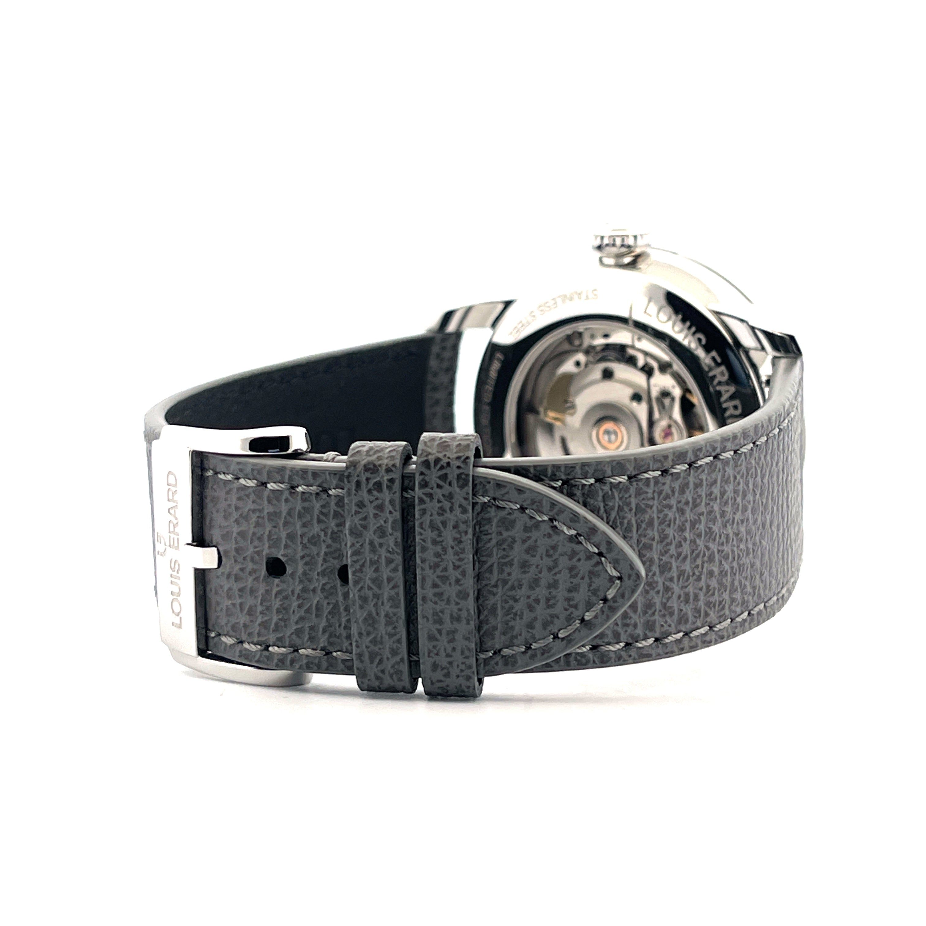 Louis Erard LE RÉGULATEUR X KUDOKE, graues Lederarmband mit Schließe, Sicht auf das Automatikwerk