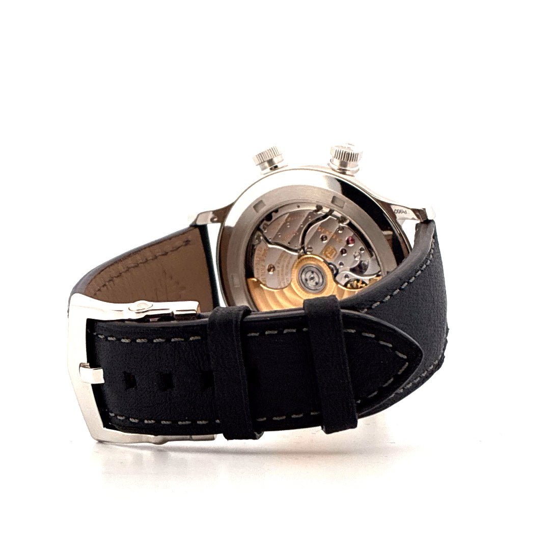 Patek Philippe Grandes Complications Alarm Travel Rueckseite mit Sichtboden und schwarzem Lederarmband