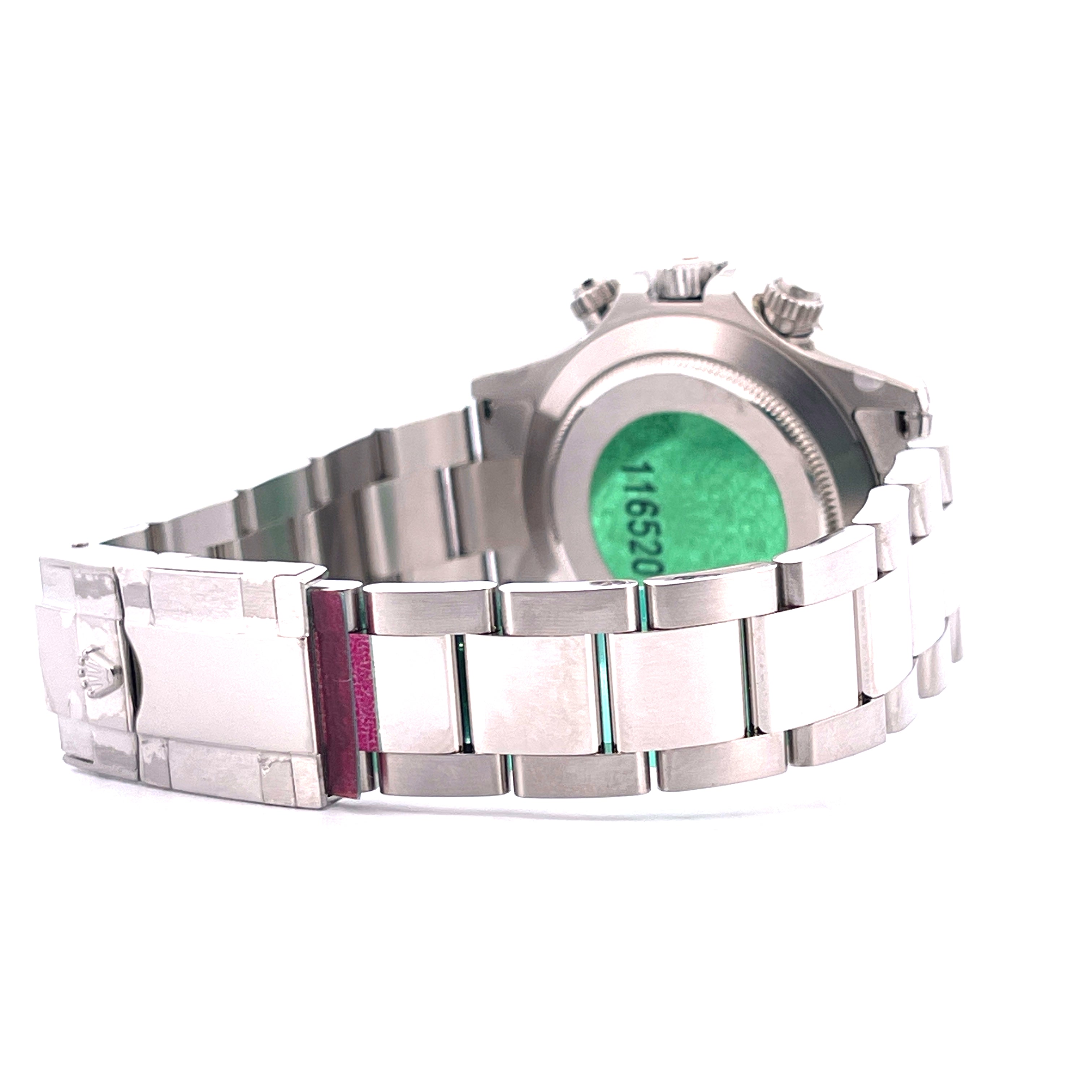 Rolex Daytona 116520 Edelstahl Armband und Rückseite mit grünem Siegel und Nummer 116520