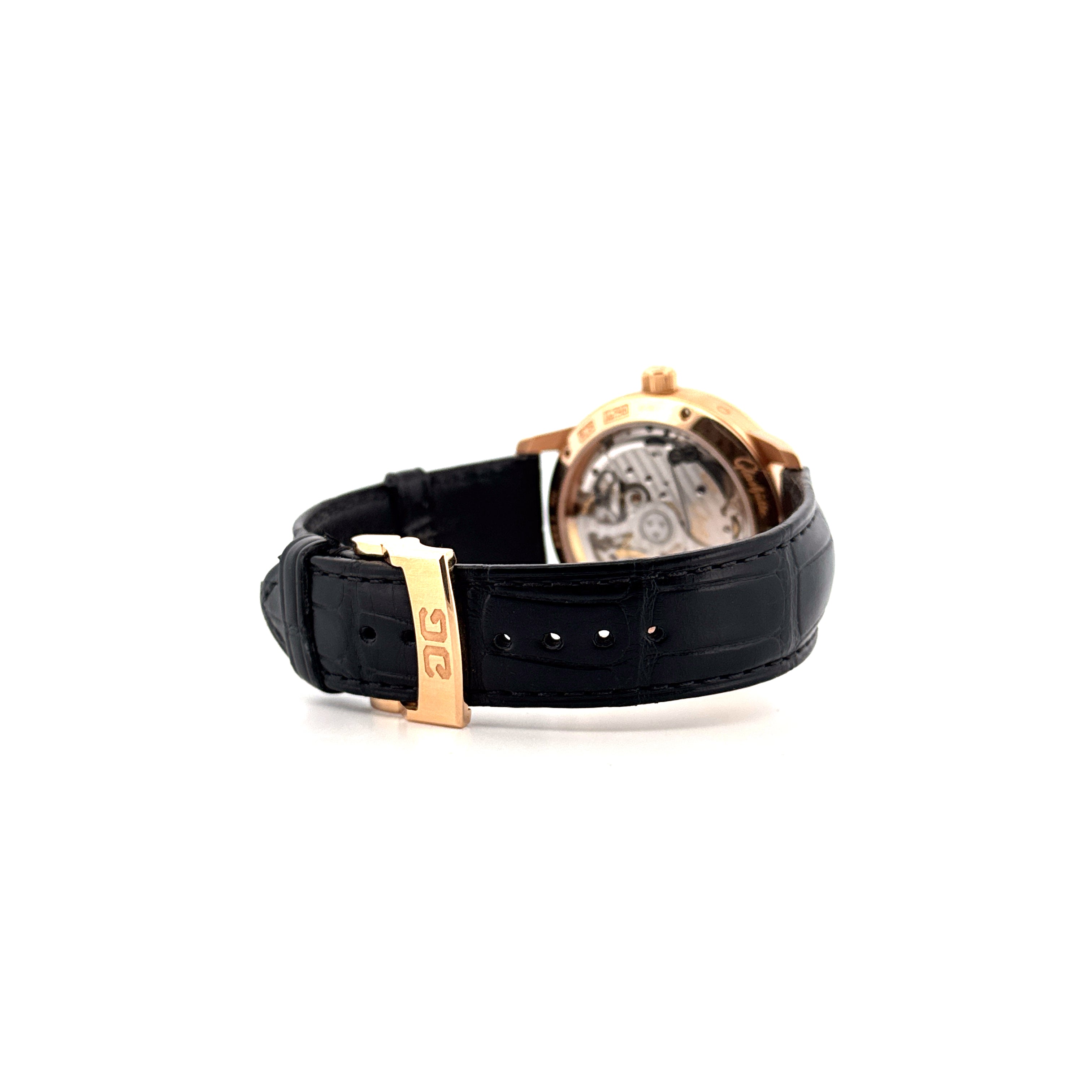 Glashütte Original Senator PanoMaticLunar Roségold Lederarmband mit roséfarbener Schließe Seitenansicht