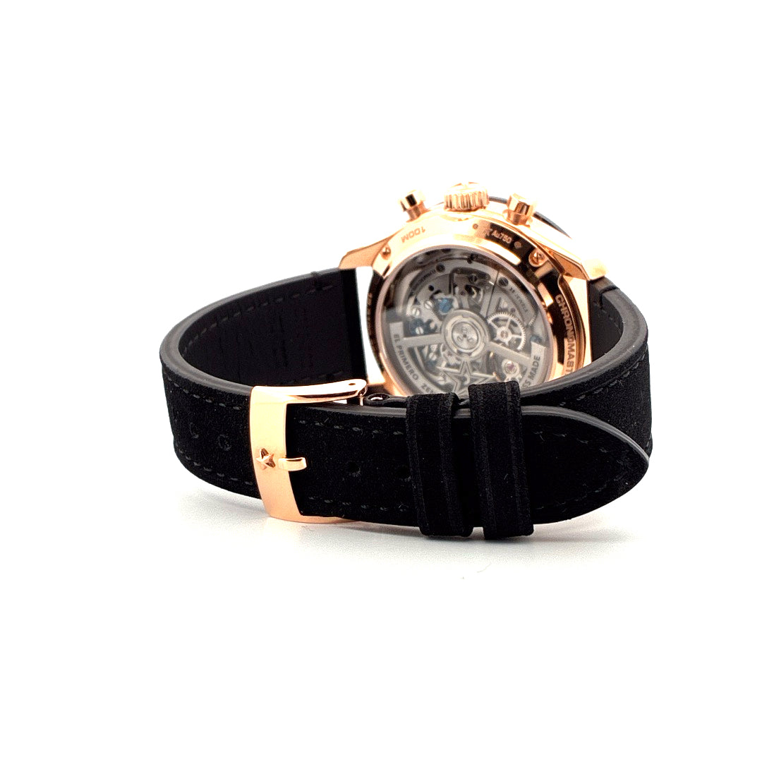Zenith Chronomaster Sport Roségold Rückseite mit offenem Werk und schwarzem Lederarmband