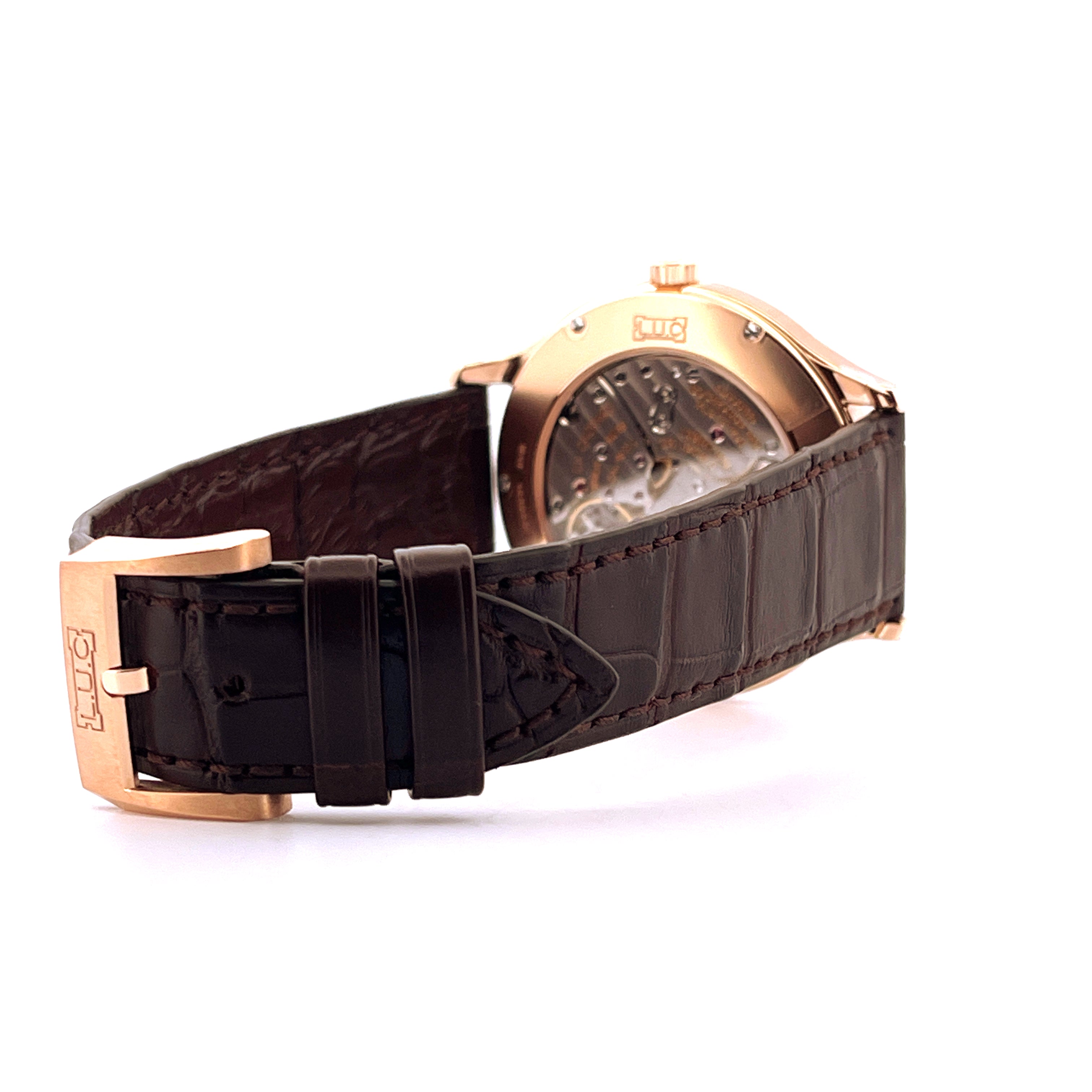 Chopard XPS L.U.C Roségold Automatik, Seitenansicht des braunen Lederarmbands mit roséfarbener Schließe