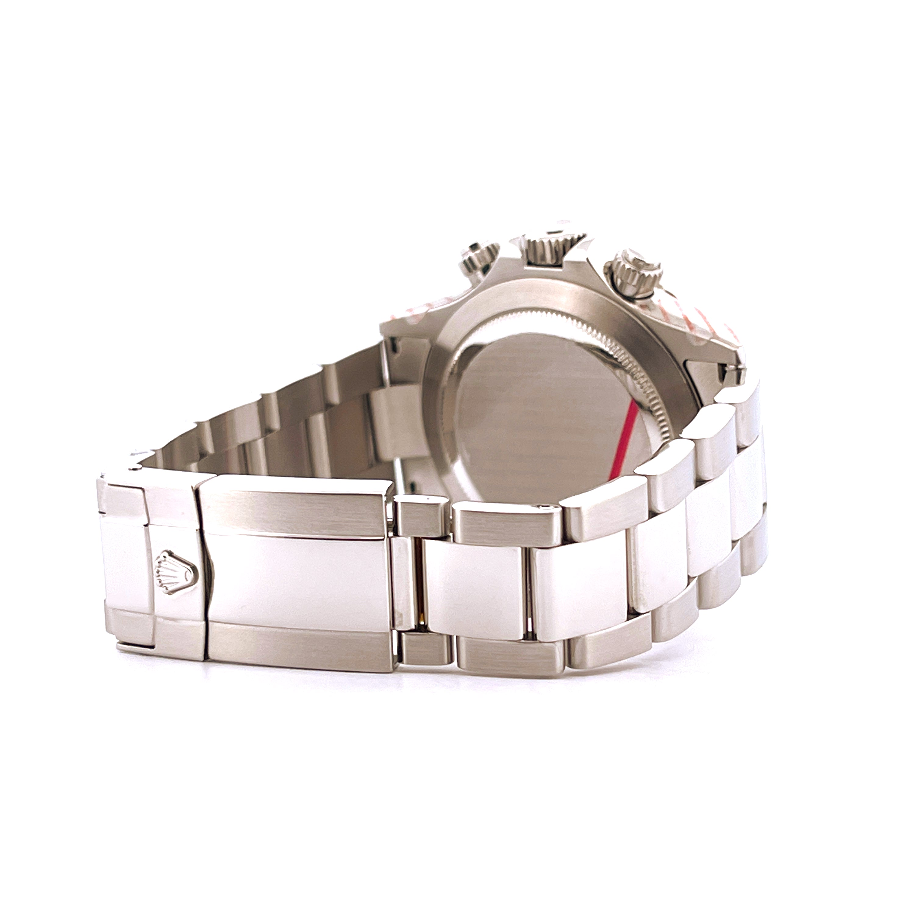 Seitenansicht einer gebrauchten Rolex Daytona 116520 aus Edelstahl mit dem charakteristischen Oyster-Armband und der Schließe