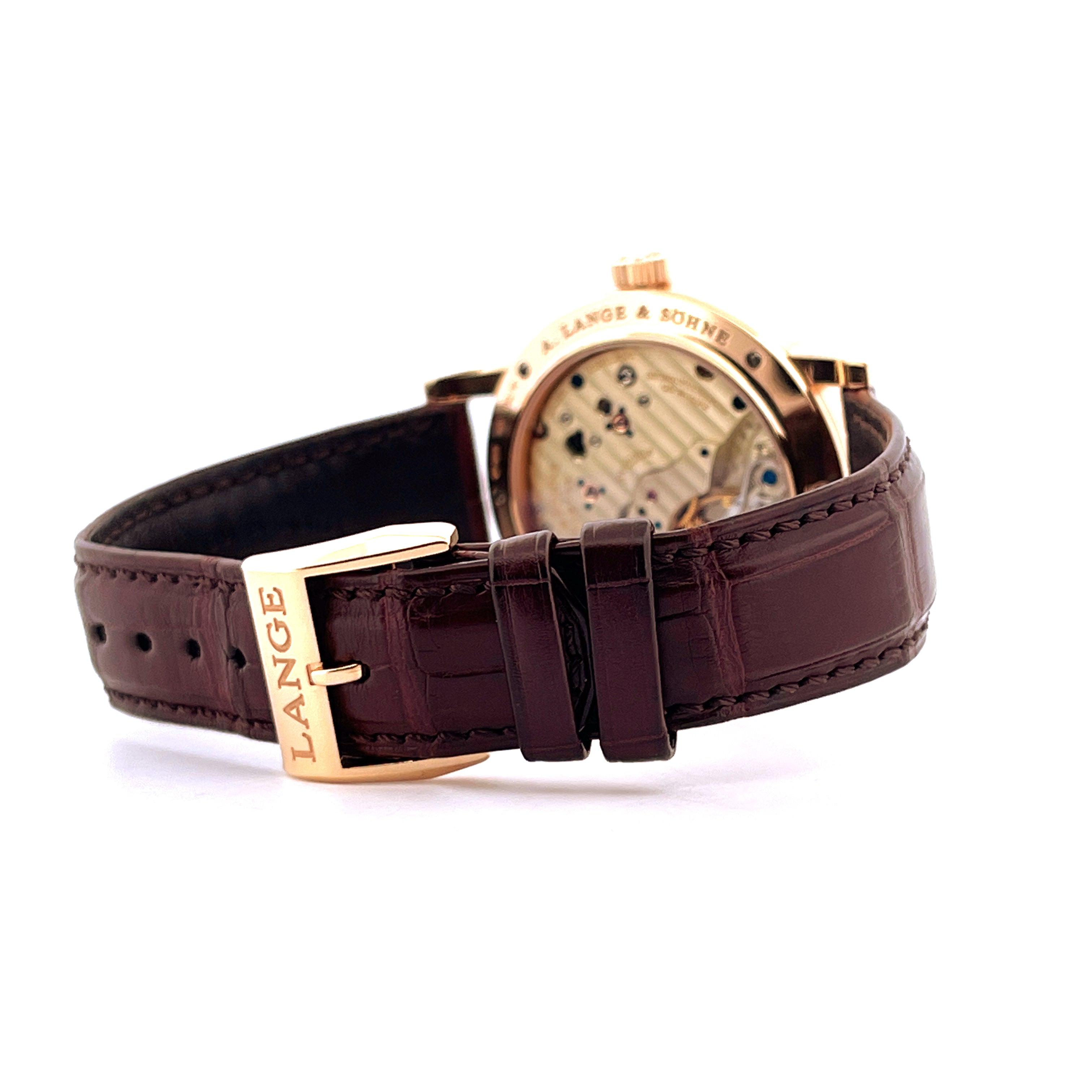 A. Lange & Söhne Richard Lange Roségold Armbanduhr im Seitenprofil mit Schließe