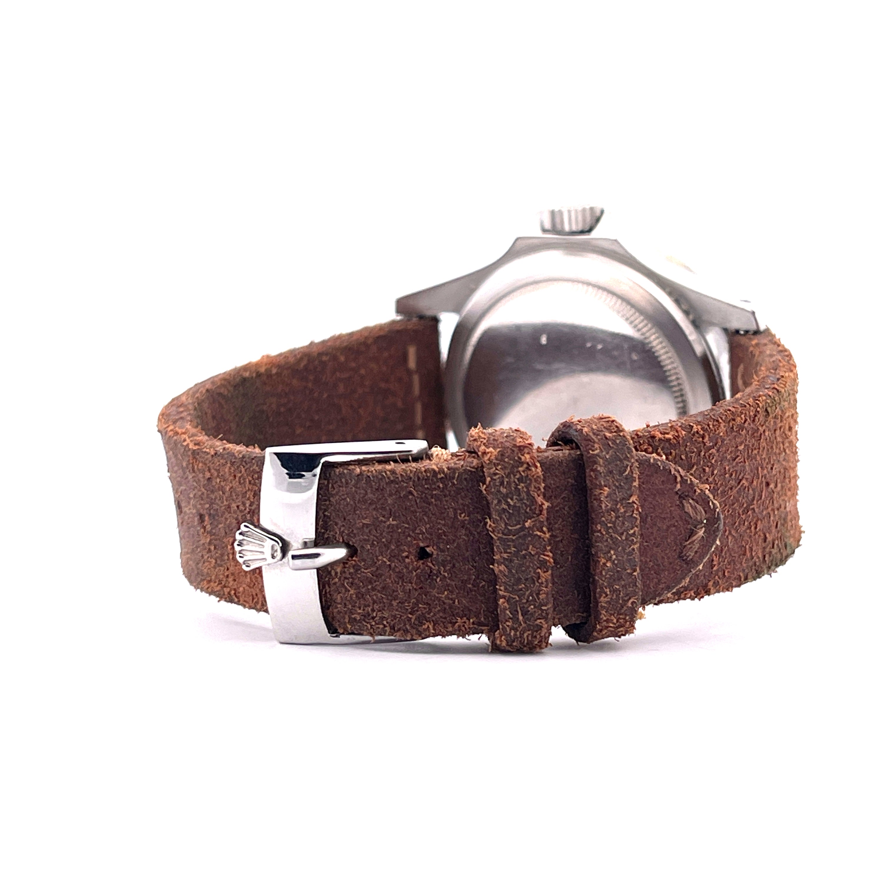 Nahaufnahme des gebrauchten Lederarmbands einer Rolex Submariner Ref. 5512 mit Stahlschließe