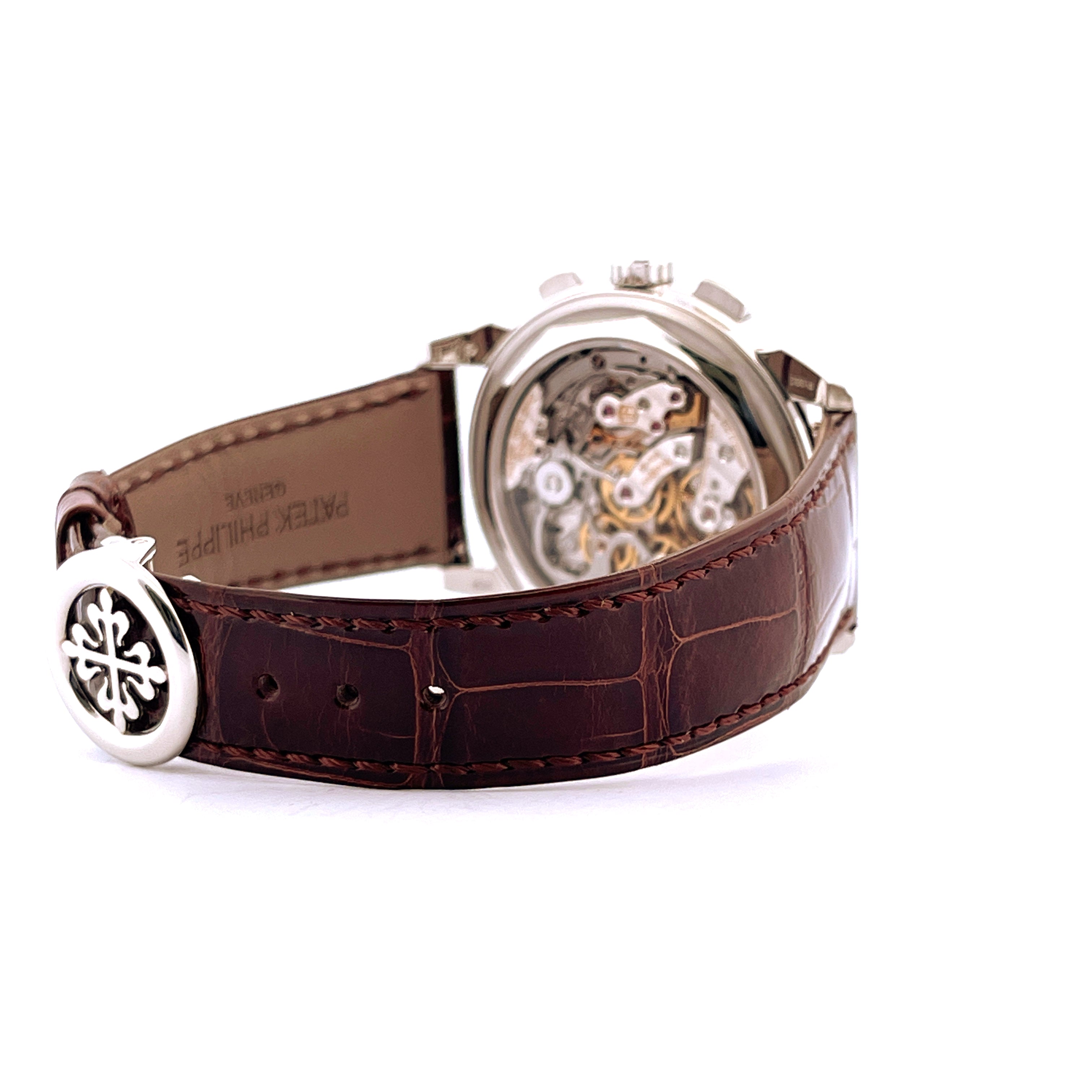 Patek Philippe Perpetual Calendar Chronograph 5270P-001 Rückseite mit Lederarmband und Logo im Detail