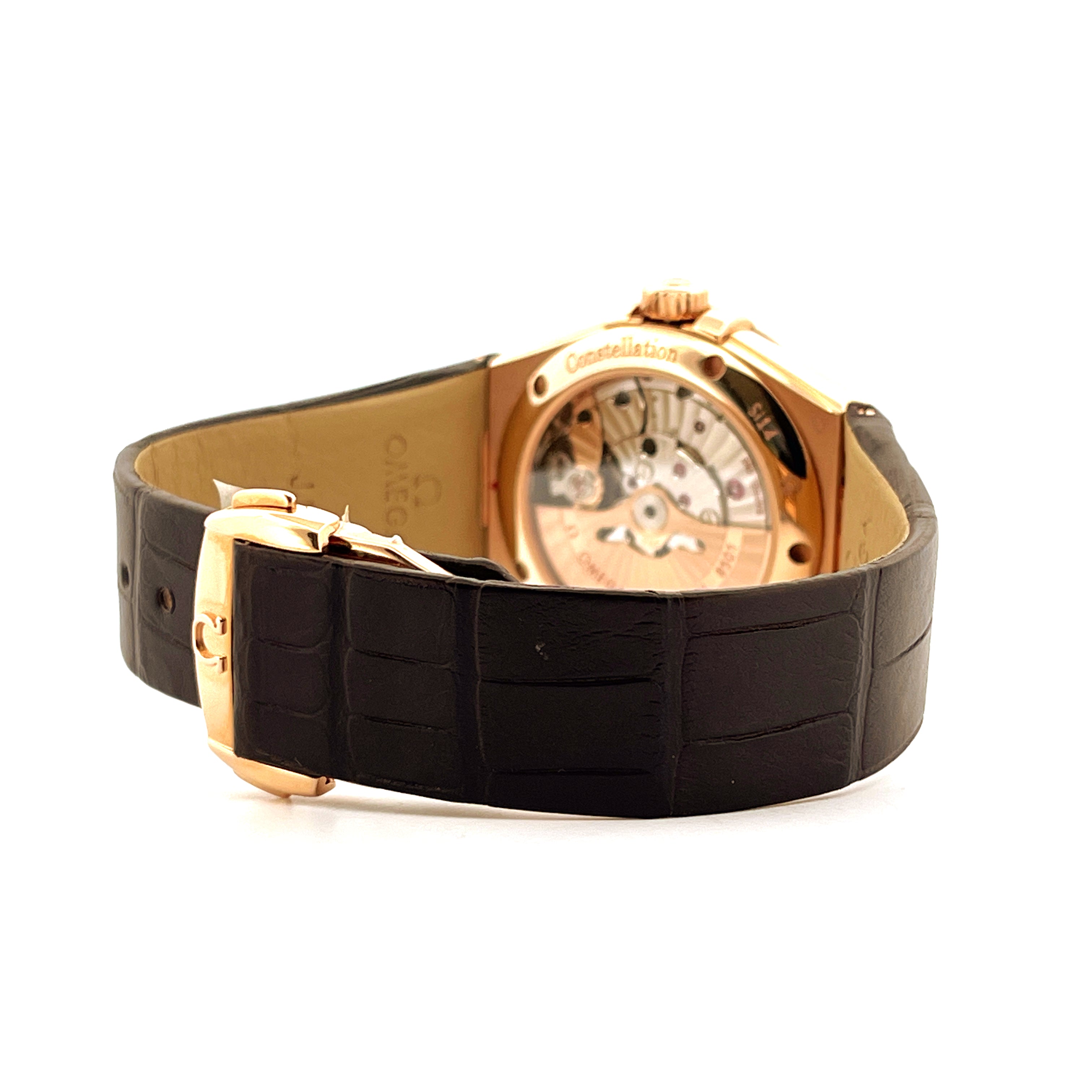 Omega Constellation Limited Edition 1952 Roségold Uhr mit Lederarmband und Sichtboden von hinten