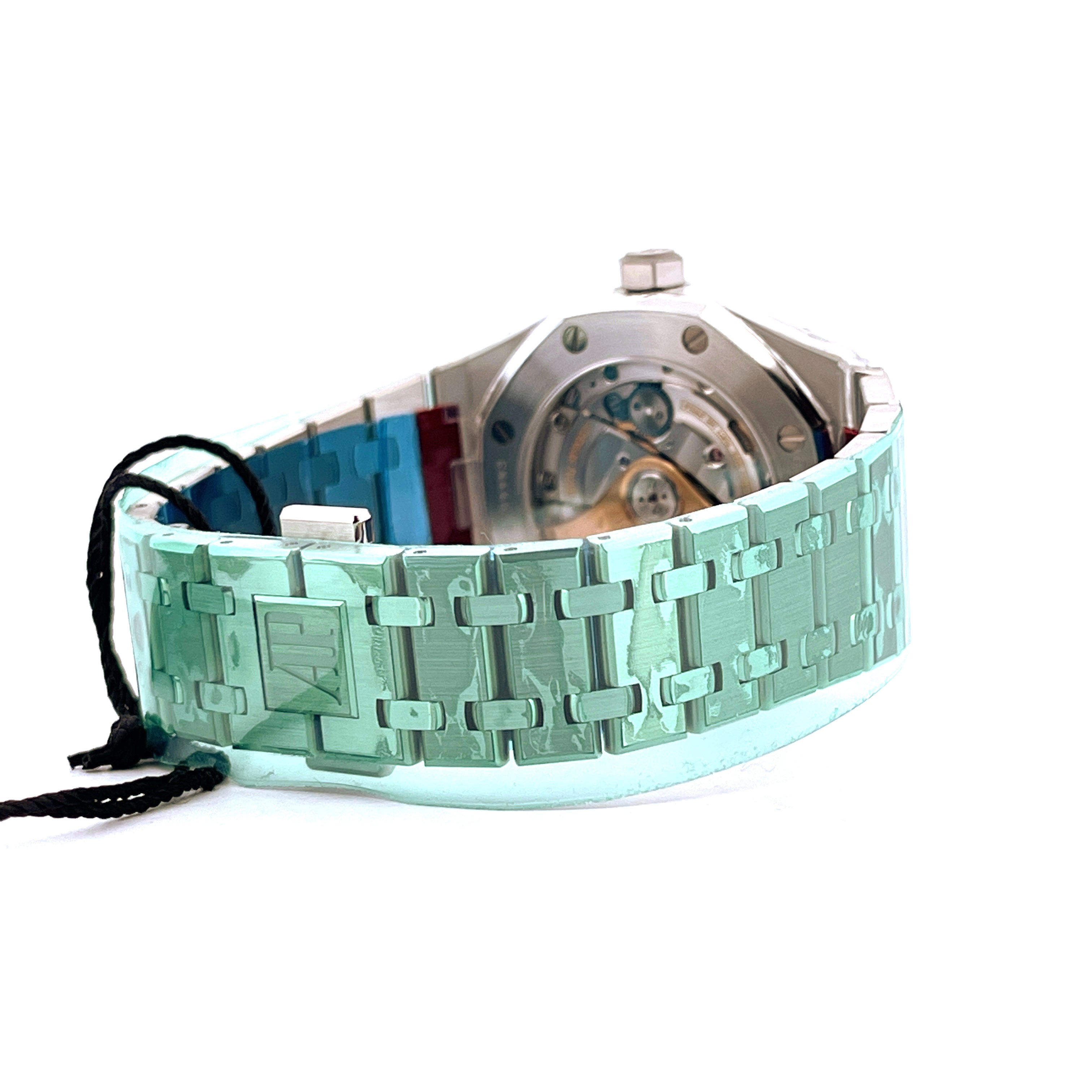 Audemars Piguet Royal Oak 15450ST Edelstahl mit mintgrünem Armband und Blick auf das Automatikwerk