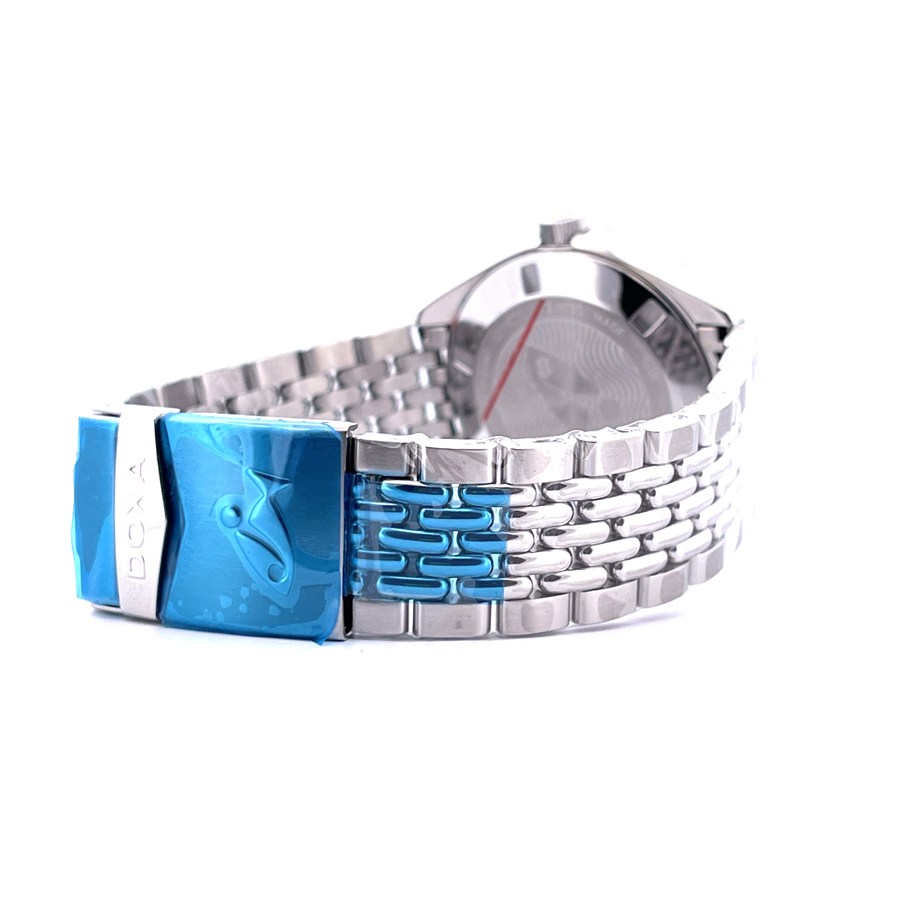 Doxa Sub 200 Divingstar Yellow Armband und Schließe mit blauer Schutzfolie auf weißem Hintergrund