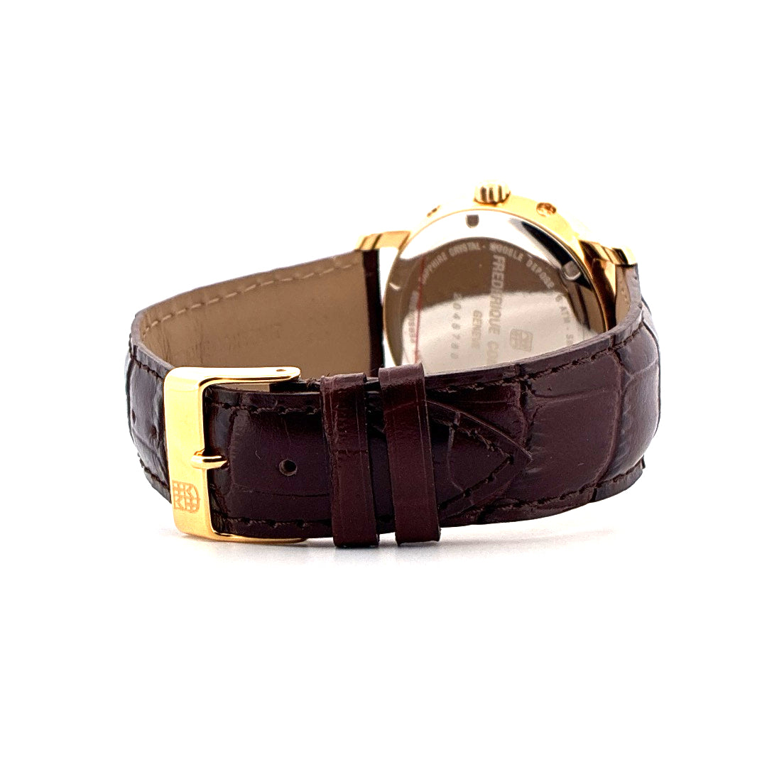 Seitenansicht eines Frederique Constant Business Timer Automatikuhrenarmbands mit goldener Schließe