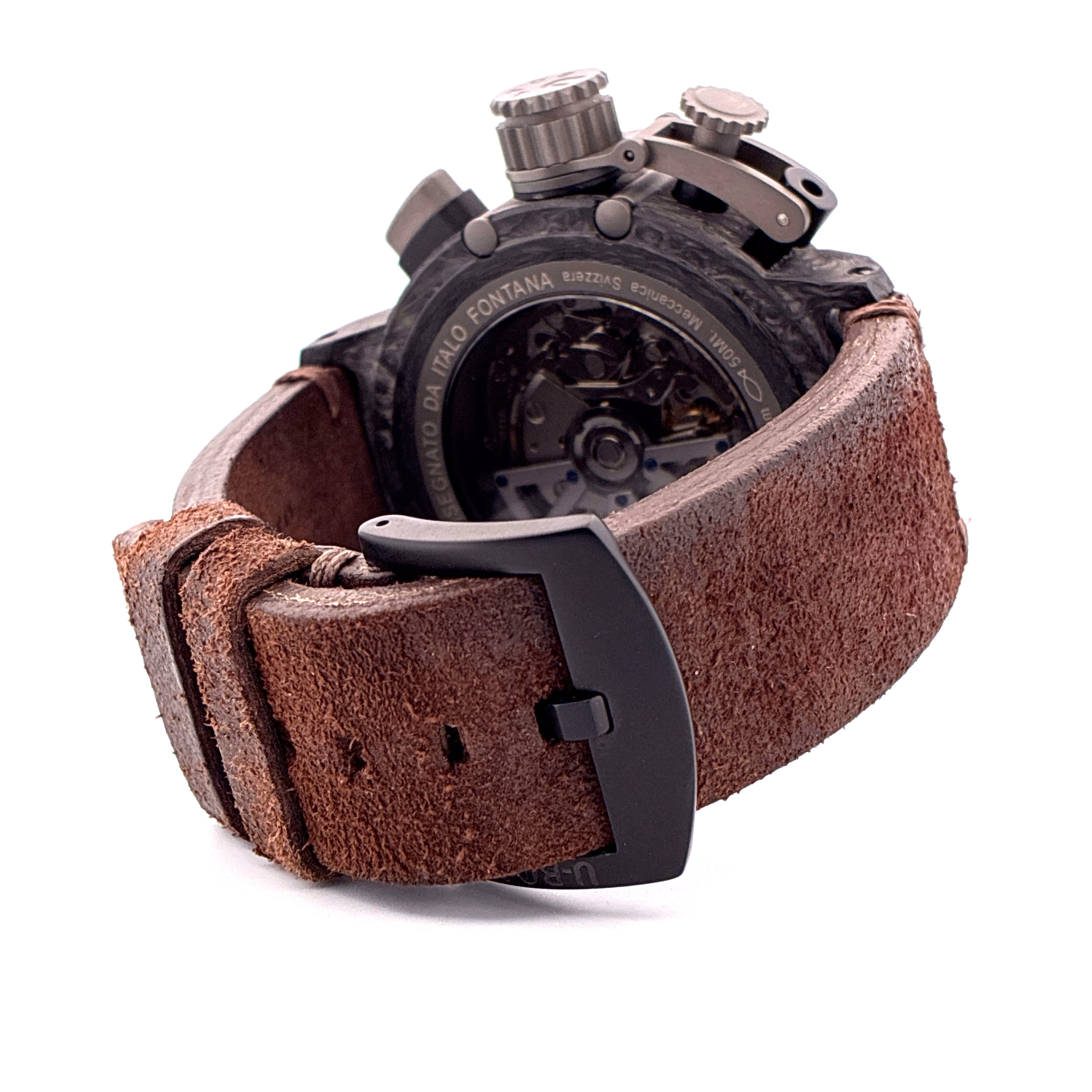 U-BOAT Chimera 48 mm Carbon Automatikuhr mit braunem Lederarmband und schwarzer Dornschließe