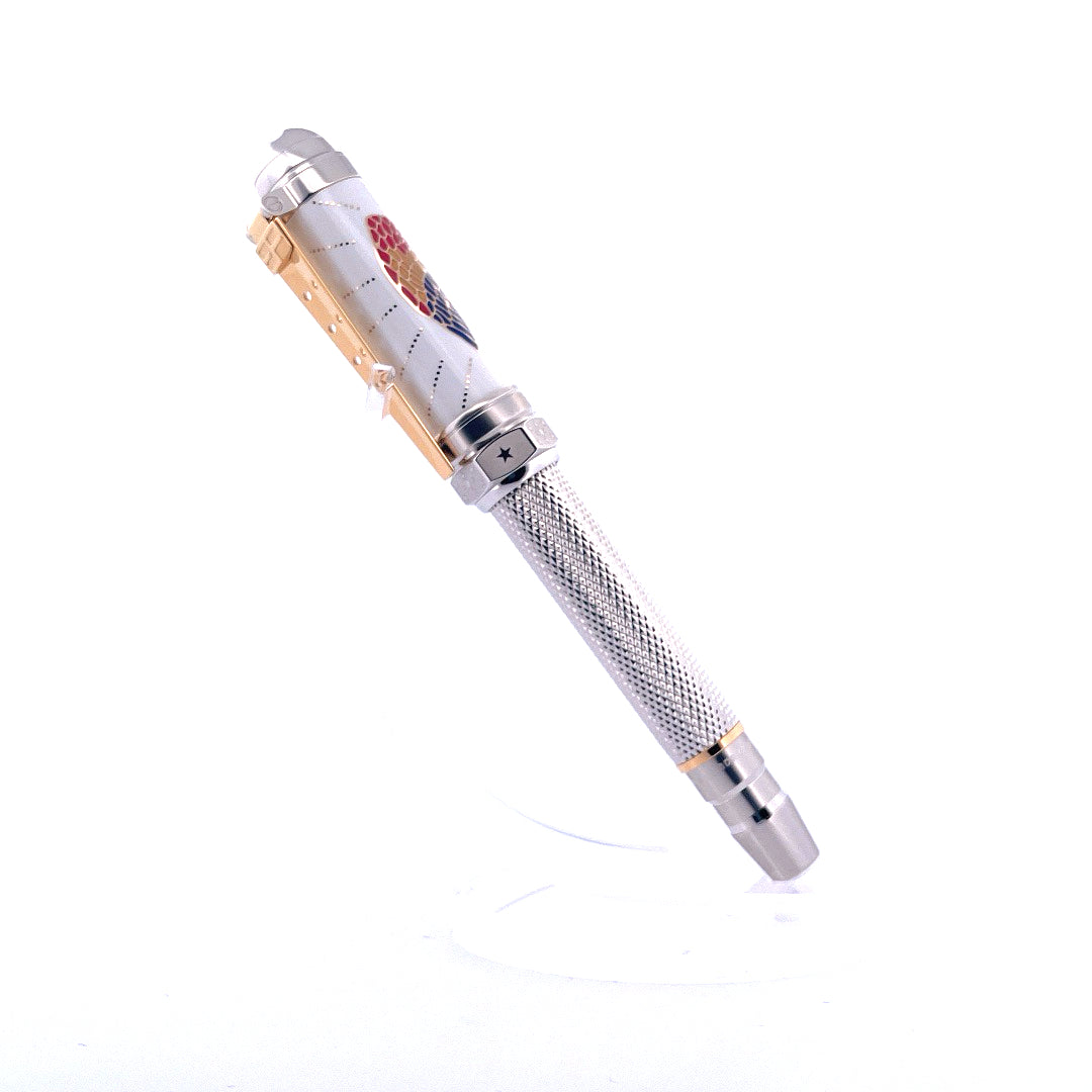 Montblanc Elvis Limited Edition Rollerball von Juwelier Spliedt, ein weißer Stift mit bunten Akzenten und silbernem Griff