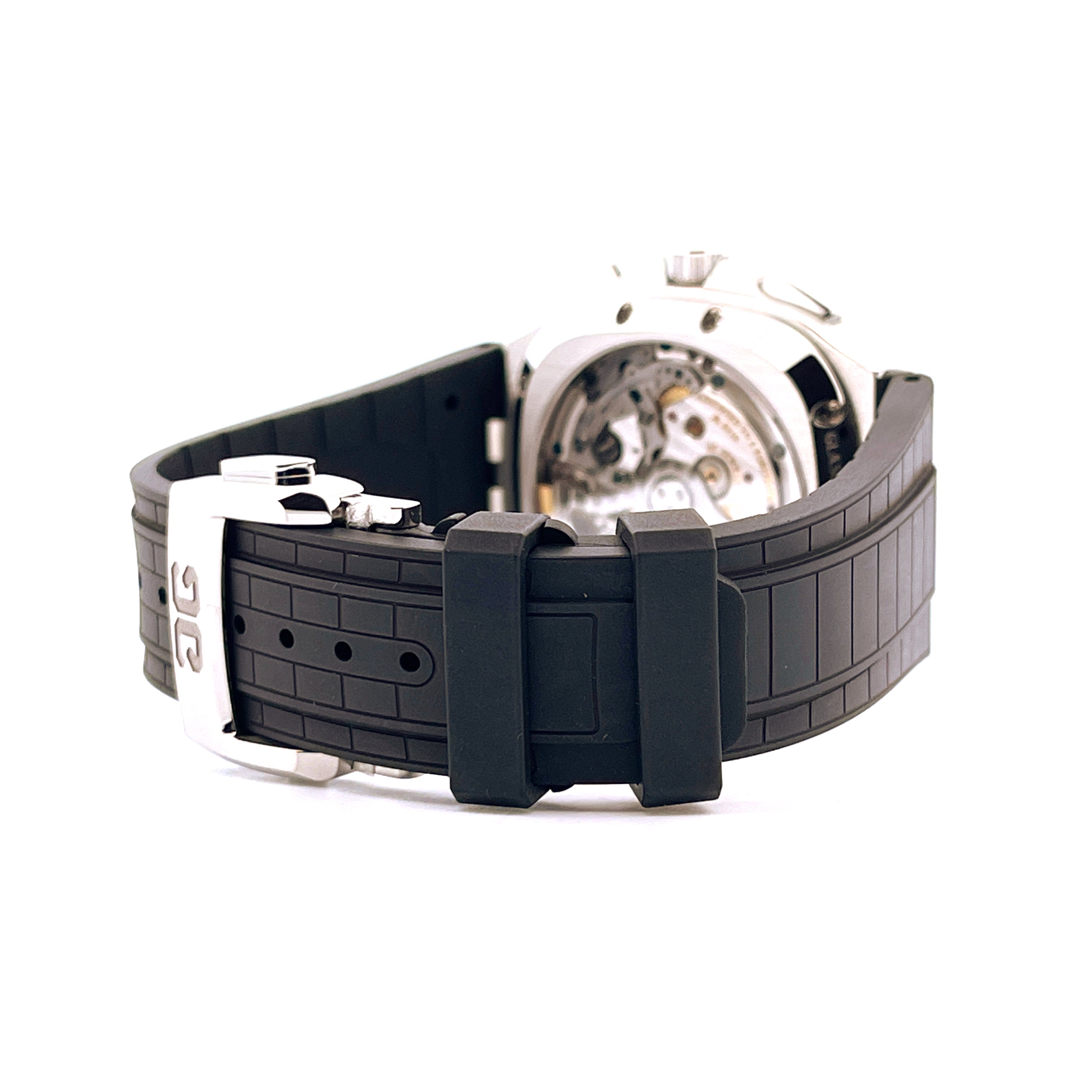 Glashütte Original Seventies Chronograph Panoramadatum, Seitenansicht mit schwarzem Kautschukband und Edelstahlschließe