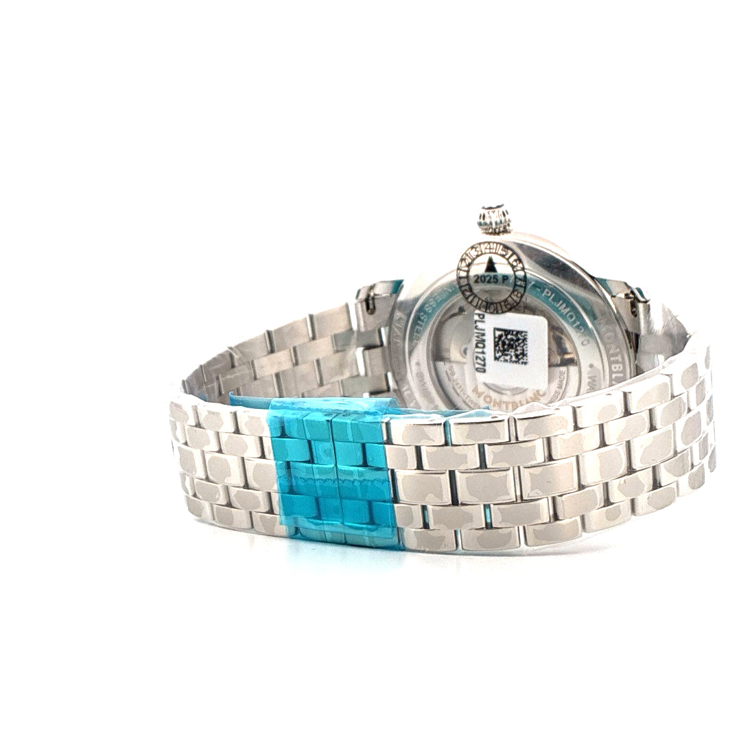 Rückansicht einer Montblanc Star Moonphase 42 mm Edelstahl-Uhr mit blauem Schutzband am Armband