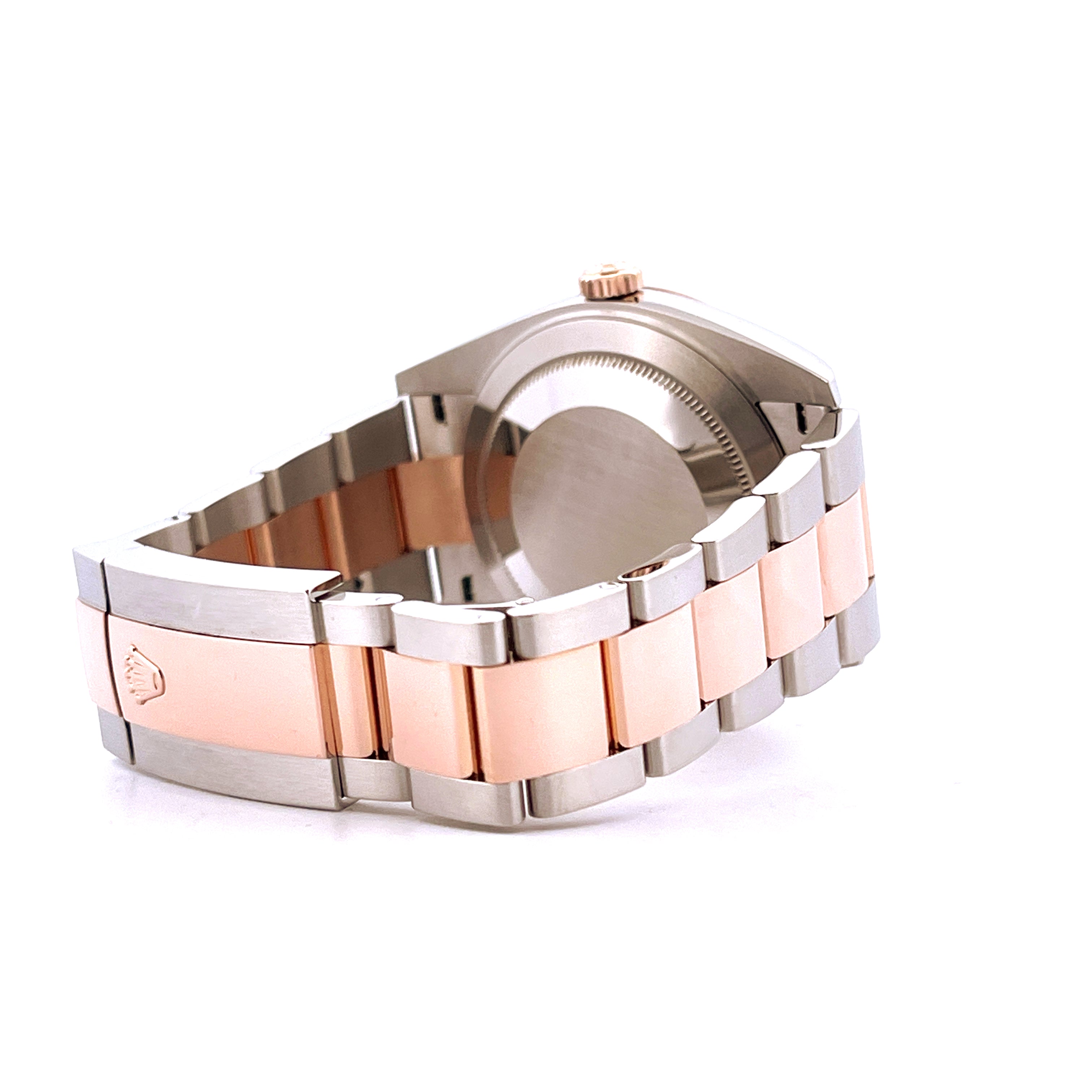 Rolex Datejust 41 Steel&Gold Chocolate (2019) Seitenansicht des bicolor Armbands aus Stahl und Roségold mit Rolex Logo