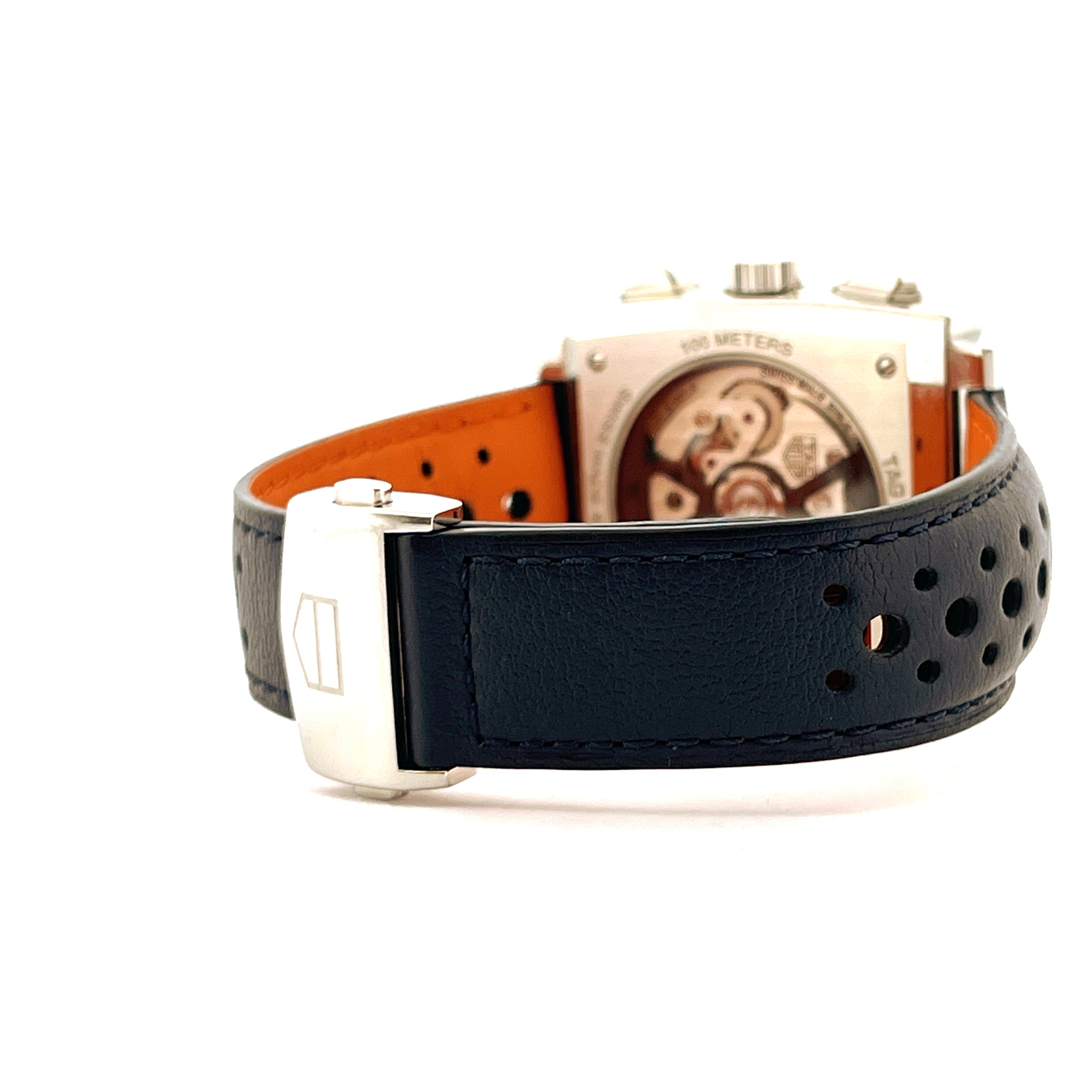 Tag Heuer Monaco Armband mit Schliesse und skelettierter Rueckseite des Gehaeuses Automatikwerk Sichtbar