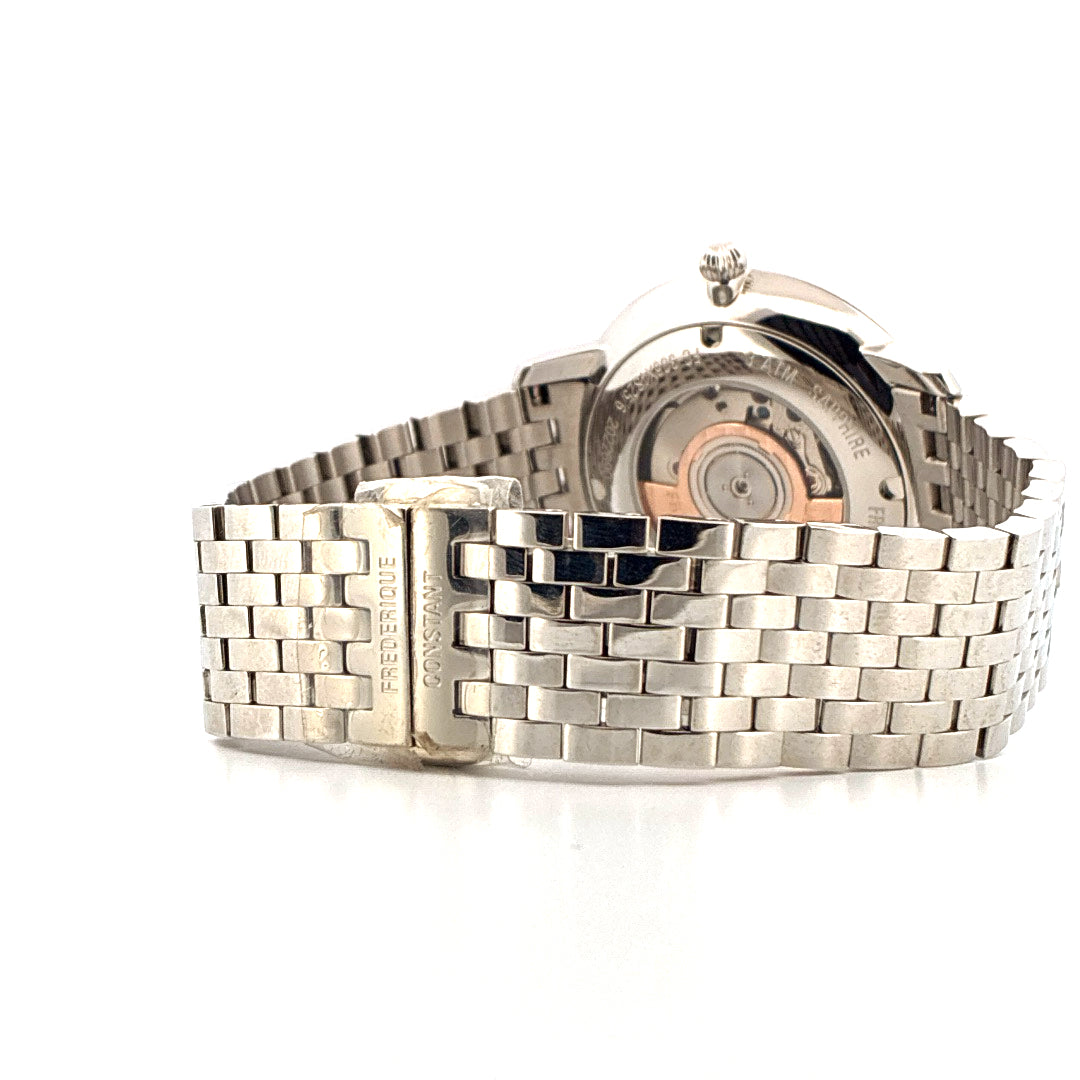 Seitenansicht des Frederique Constant Slim Line Automatik 2025 Edelstahlarmbands mit Gravur
