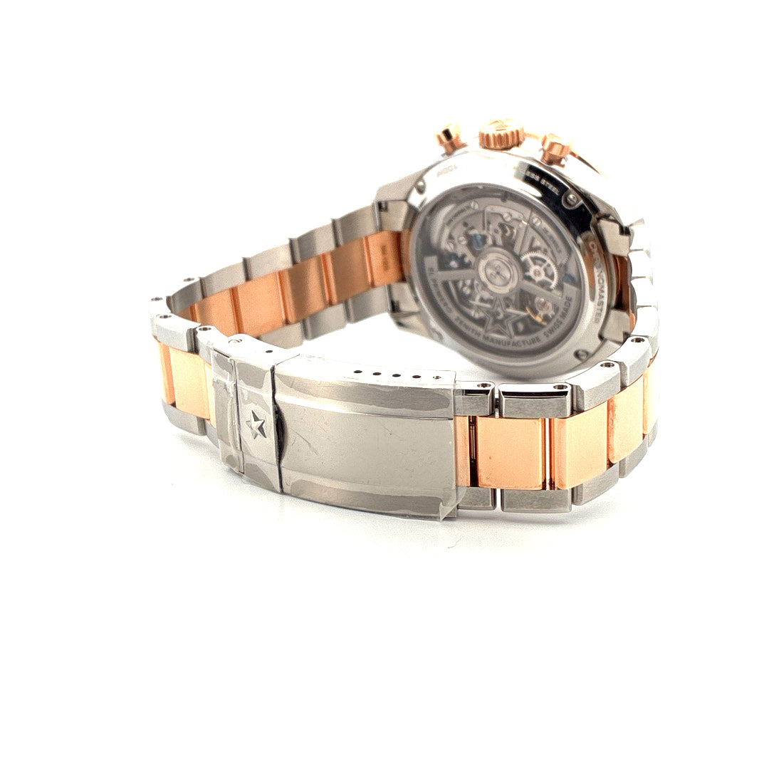 Zenith Chronomaster Sport Bicolor Roségold Seitenansicht mit offenem Sichtboden und Roségold-Akzenten