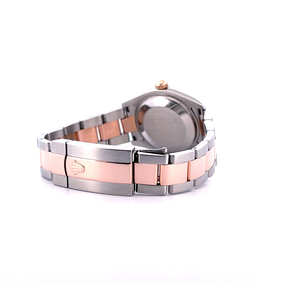 Rolex Datejust 31 Two Tone Mother of Pearl / Box incl. / LC100 / 2006, Schrägansicht mit Gehäuseboden, Schließe und Armband vor weißem Hintergrund