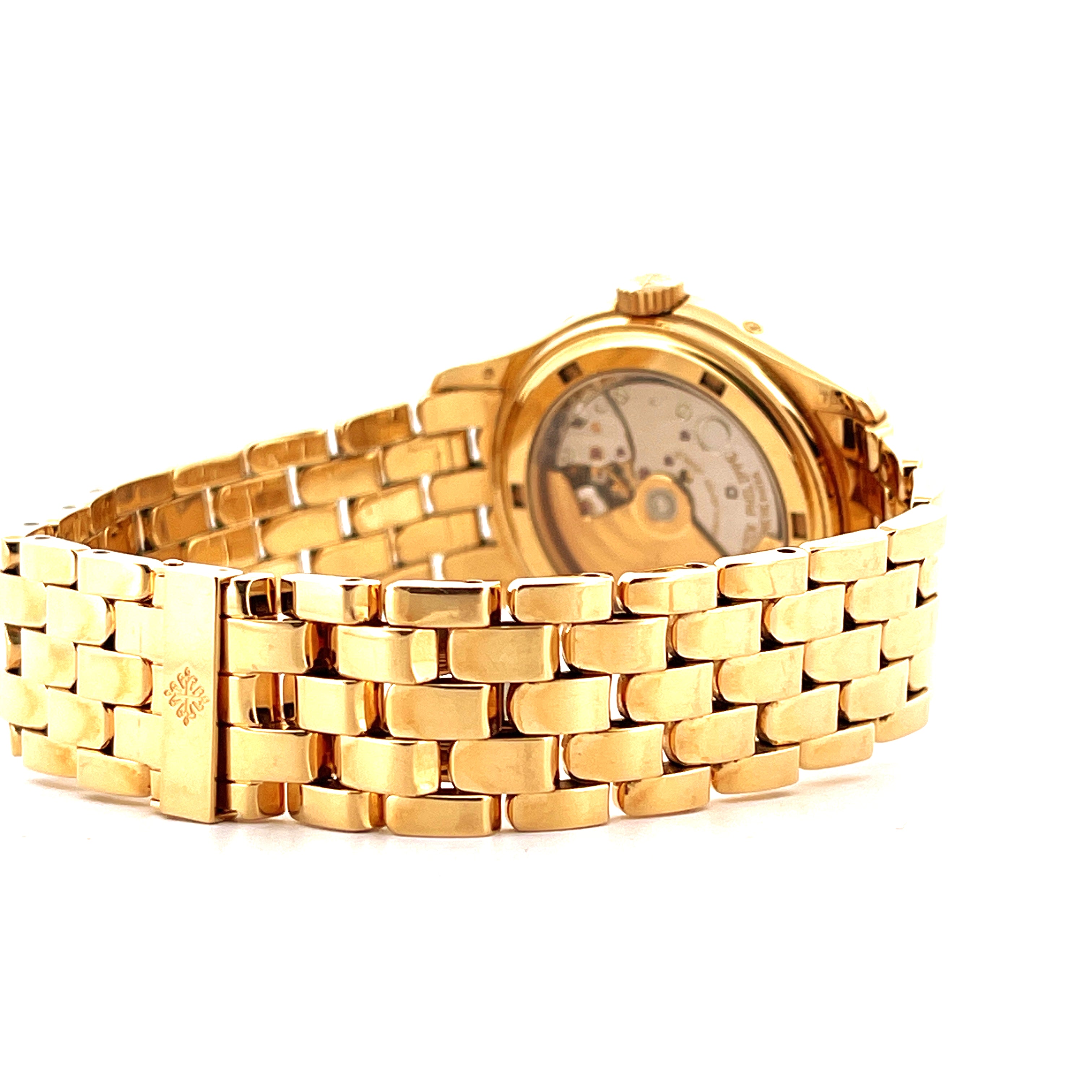 Patek Philippe Annual Calendar 5036/1J aus Gelbgold, Rückseite mit Uhrwerk und Gliederarmband