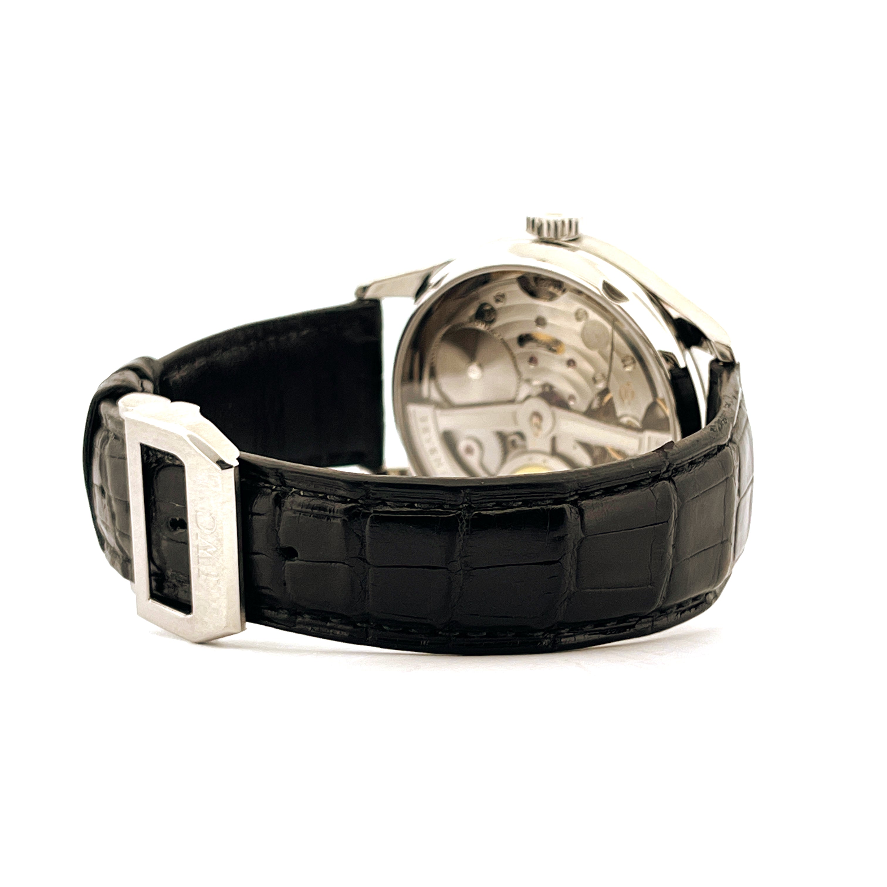 IWC Portuguese Automatic 7 Days Seitenansicht mit schwarzem Lederarmband und silberner Schließe